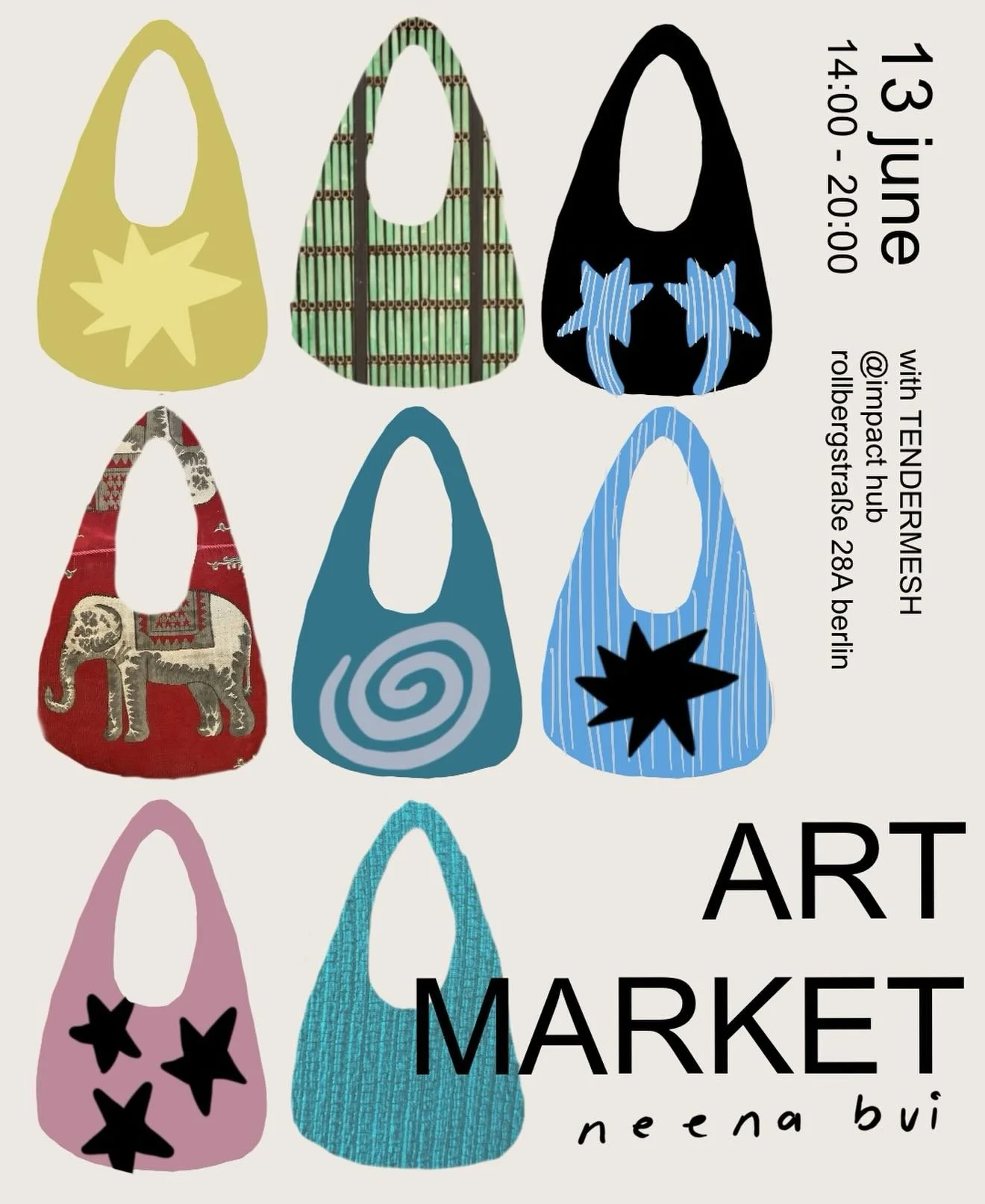 mark your calendars <3 
another art market with @tendermeshh featuring 30+ wonderful international artists of all kinds on june 13 at @impacthubberlin 

i&rsquo;ll be there selling my bags and other goodies 

come party <333