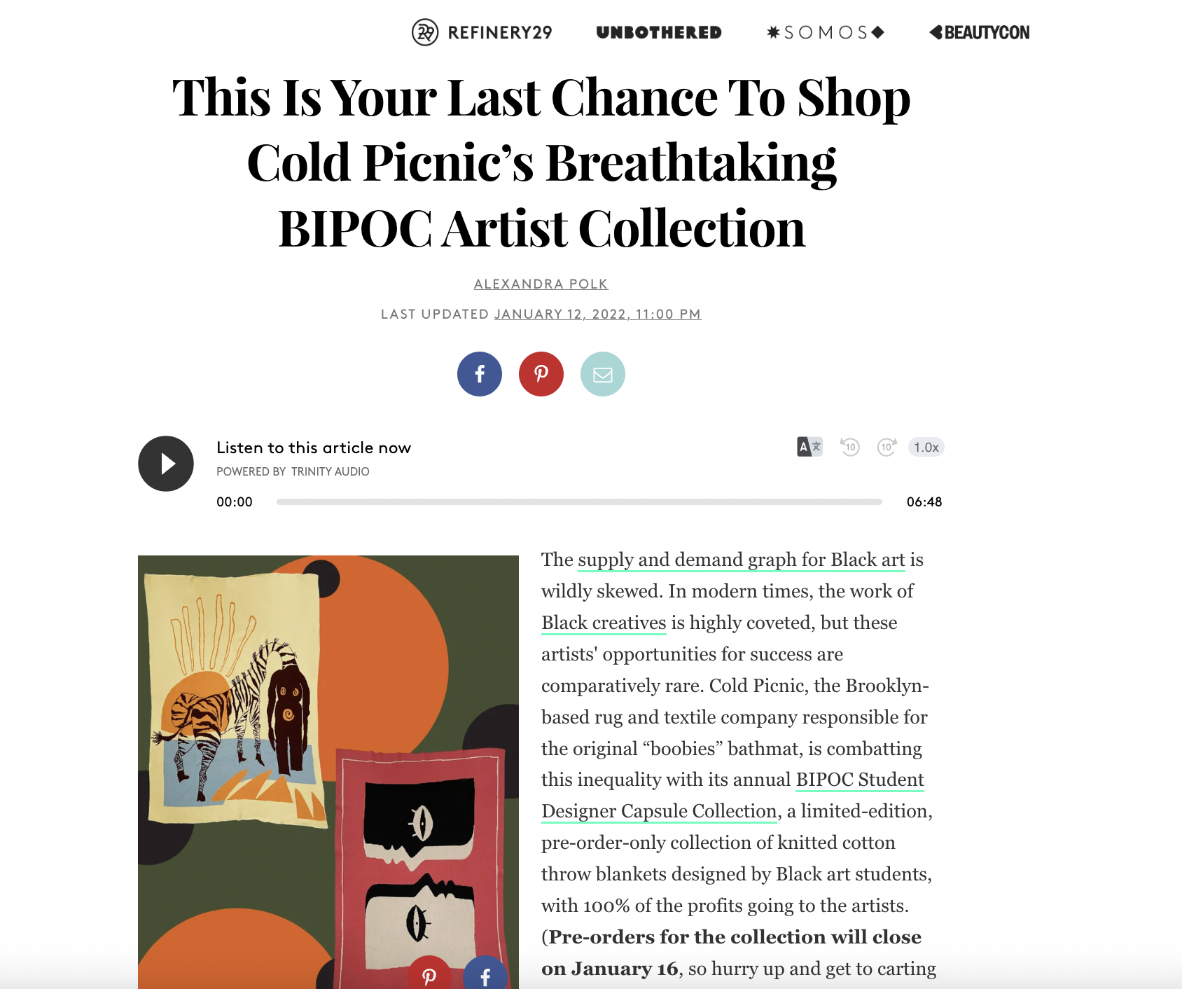 winning blanket design of Cold Picnic's BIPOC designer competition, interview in Refinery29
