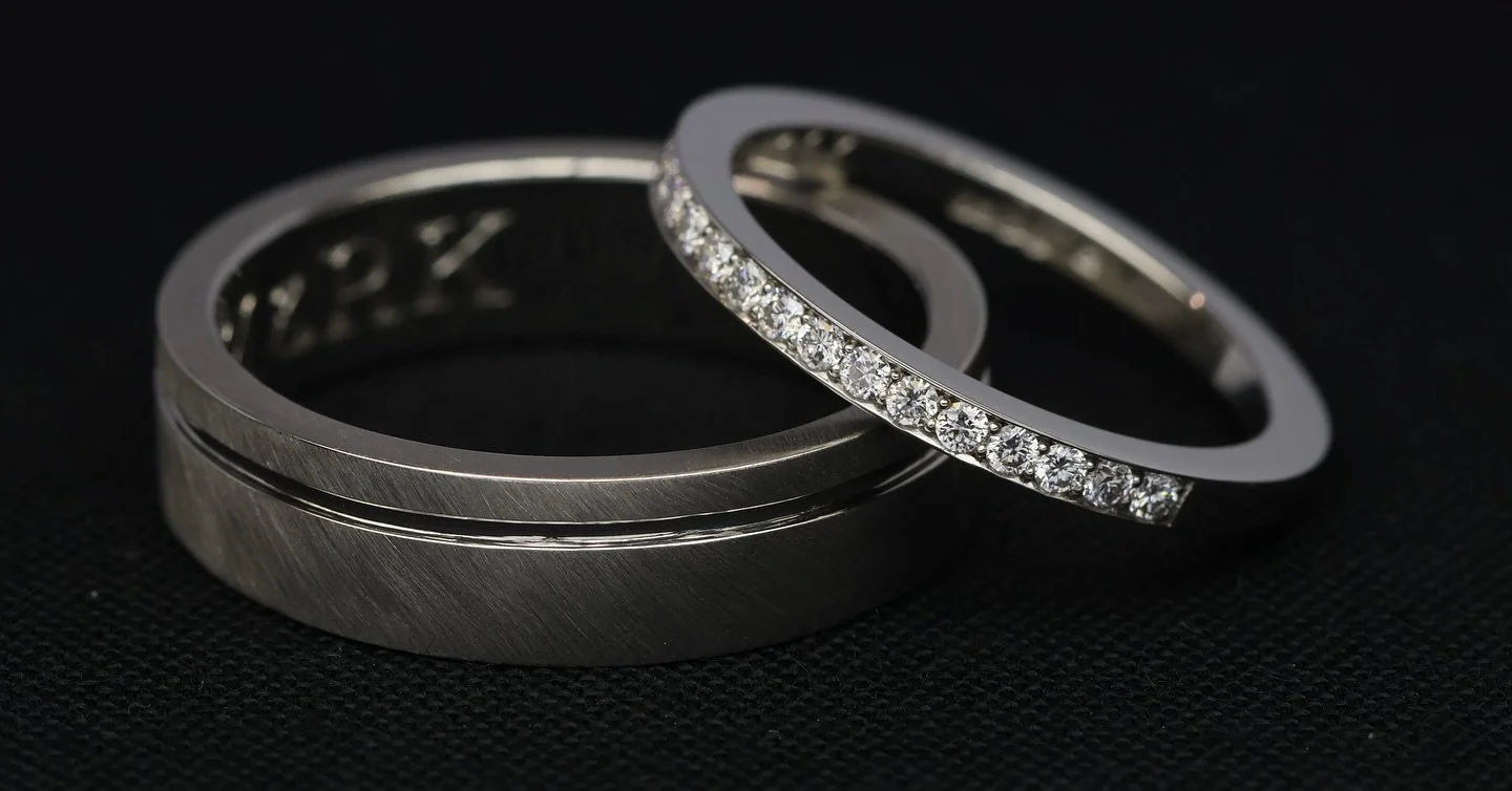 For TM &amp; RK, a real pleasure to craft these handmade wedding rings. Platinum, 6mm band, with a subtle detail &amp; a brushed finish. Platinum, half e.t style diamond set band.