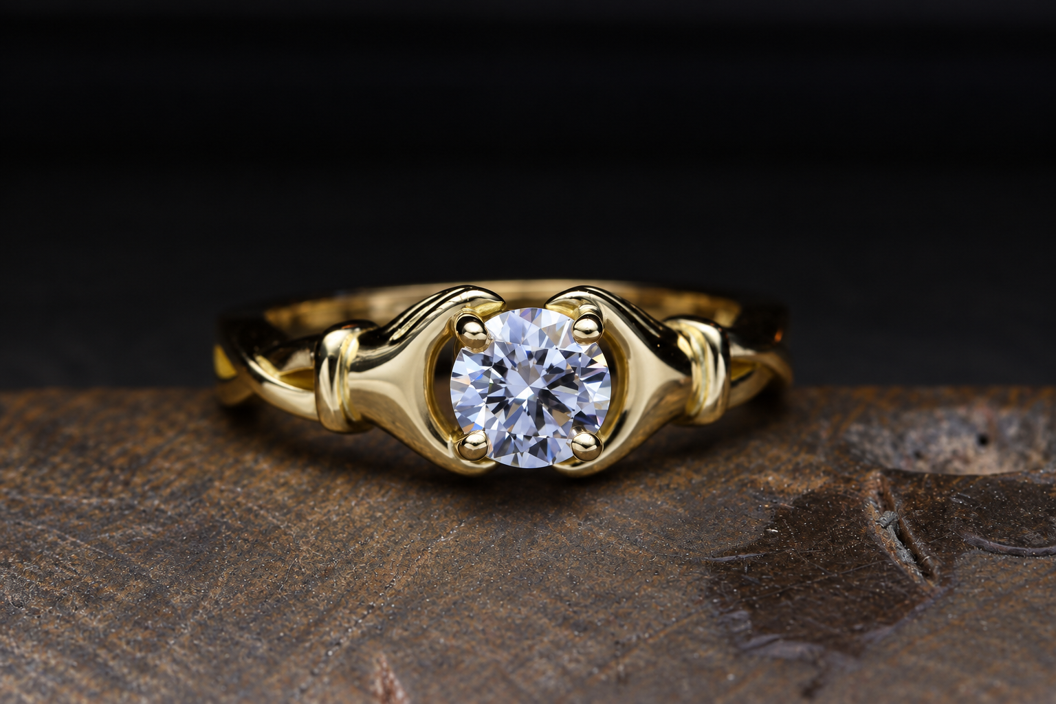 Gold ring with a large central diamond set in a prong setting, placed on a textured brown surface against a black background.