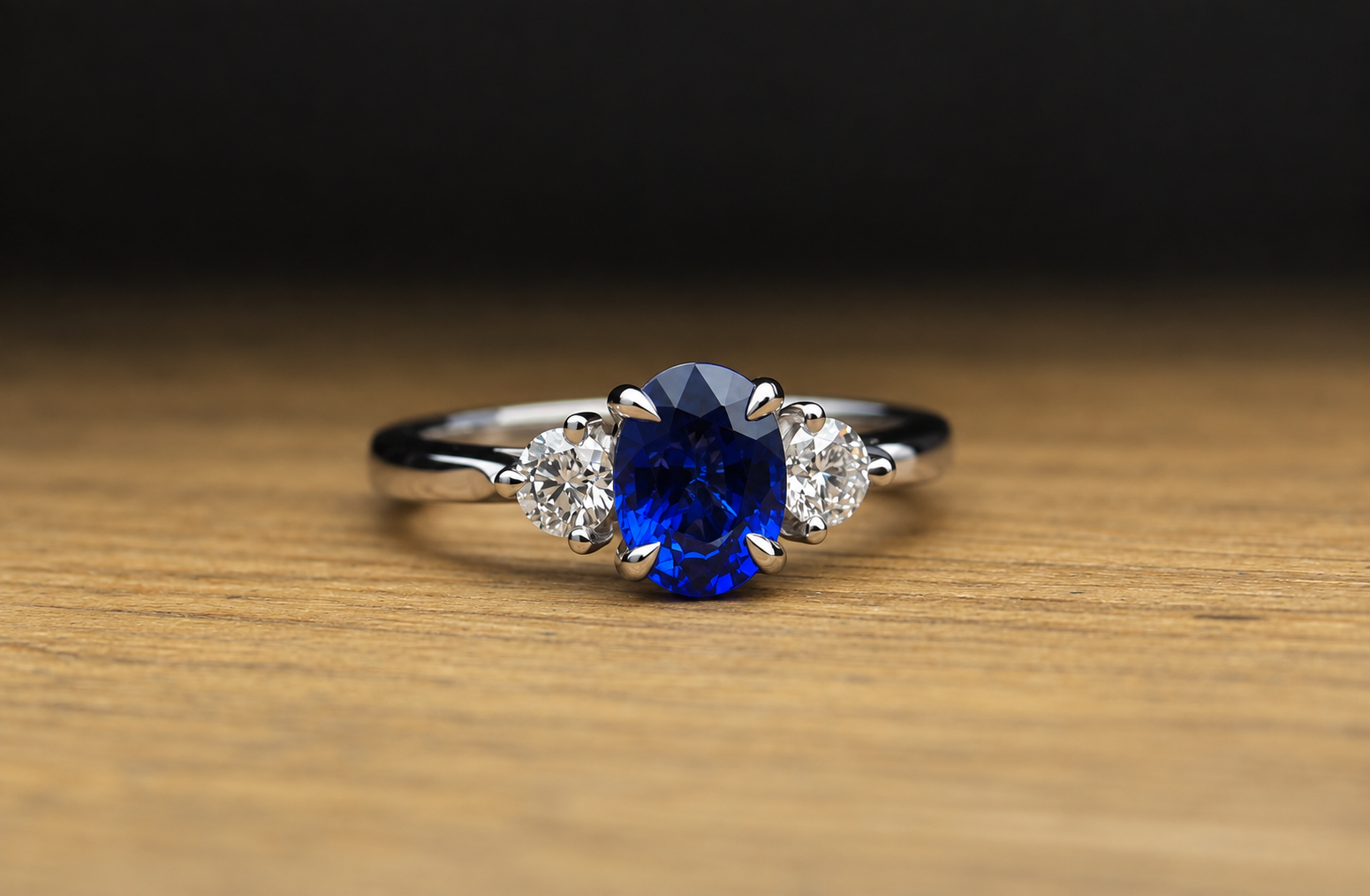 Platinum ring with an oval-shaped blue sapphire and two smaller diamonds on each side, resting on a wooden surface.