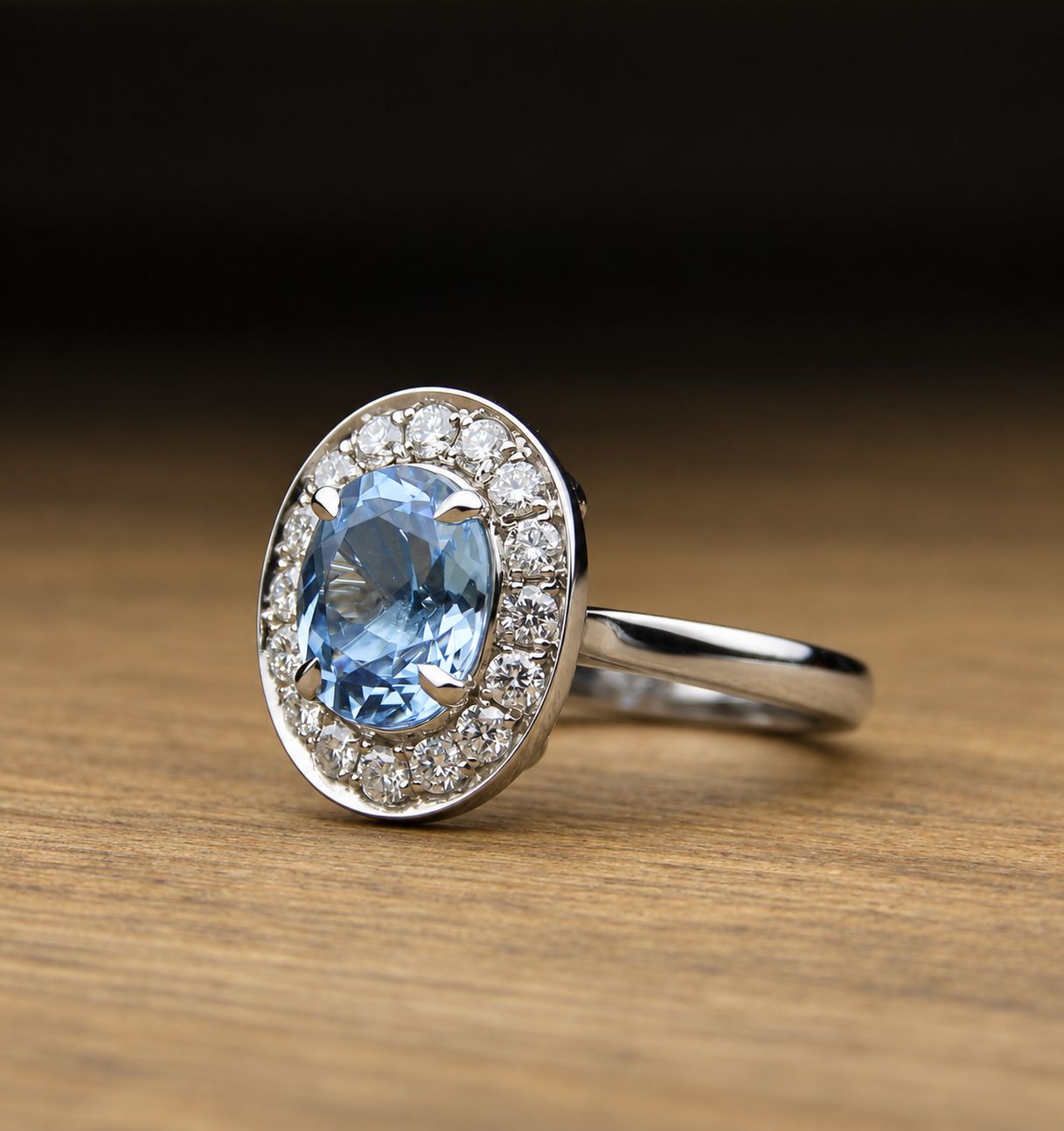 Silver ring with a large oval blue gemstone surrounded by clear smaller gemstones, resting on a wooden surface.