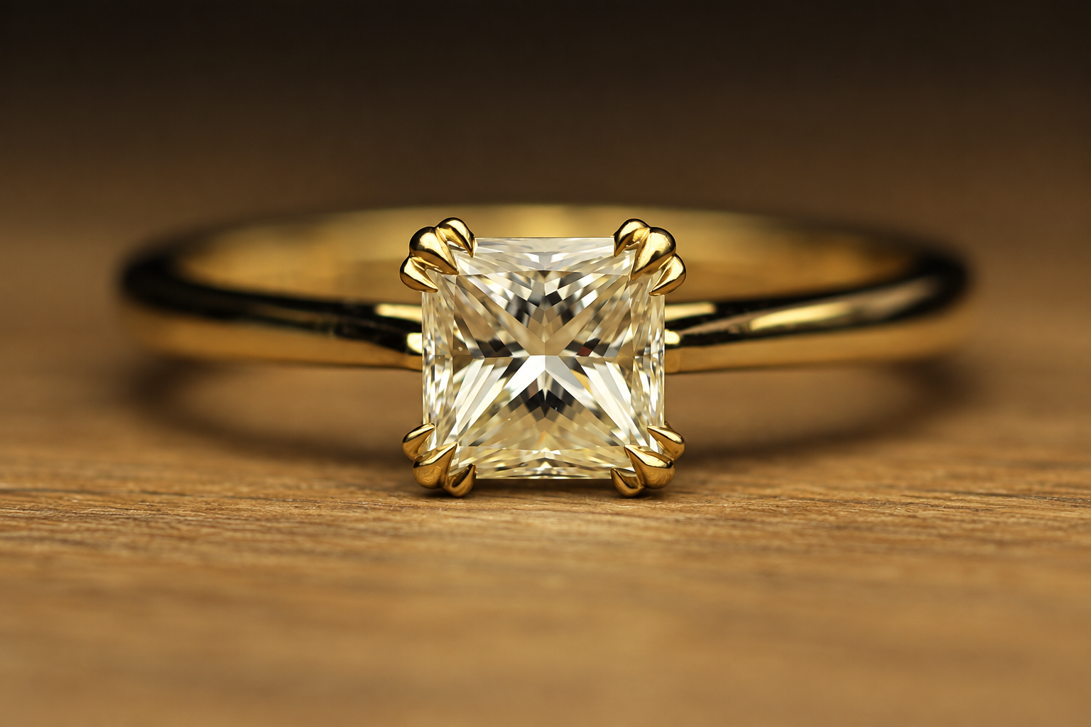 Gold engagement ring with a large, rectangular diamond in a four-prong setting on a wooden surface.