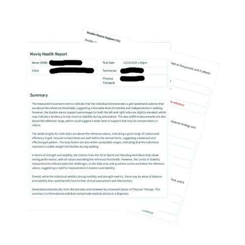 MovIQ Health summary showing mobility overview and biomechanical profile