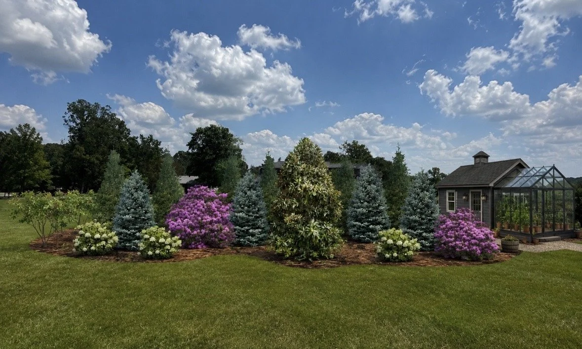 A landscaped backyard garden featuring various evergreen and flowering shrubs, including pink and white hydrangeas, with a green lawn, a small greenhouse on the right, and a house in the background under a partly cloudy sky.