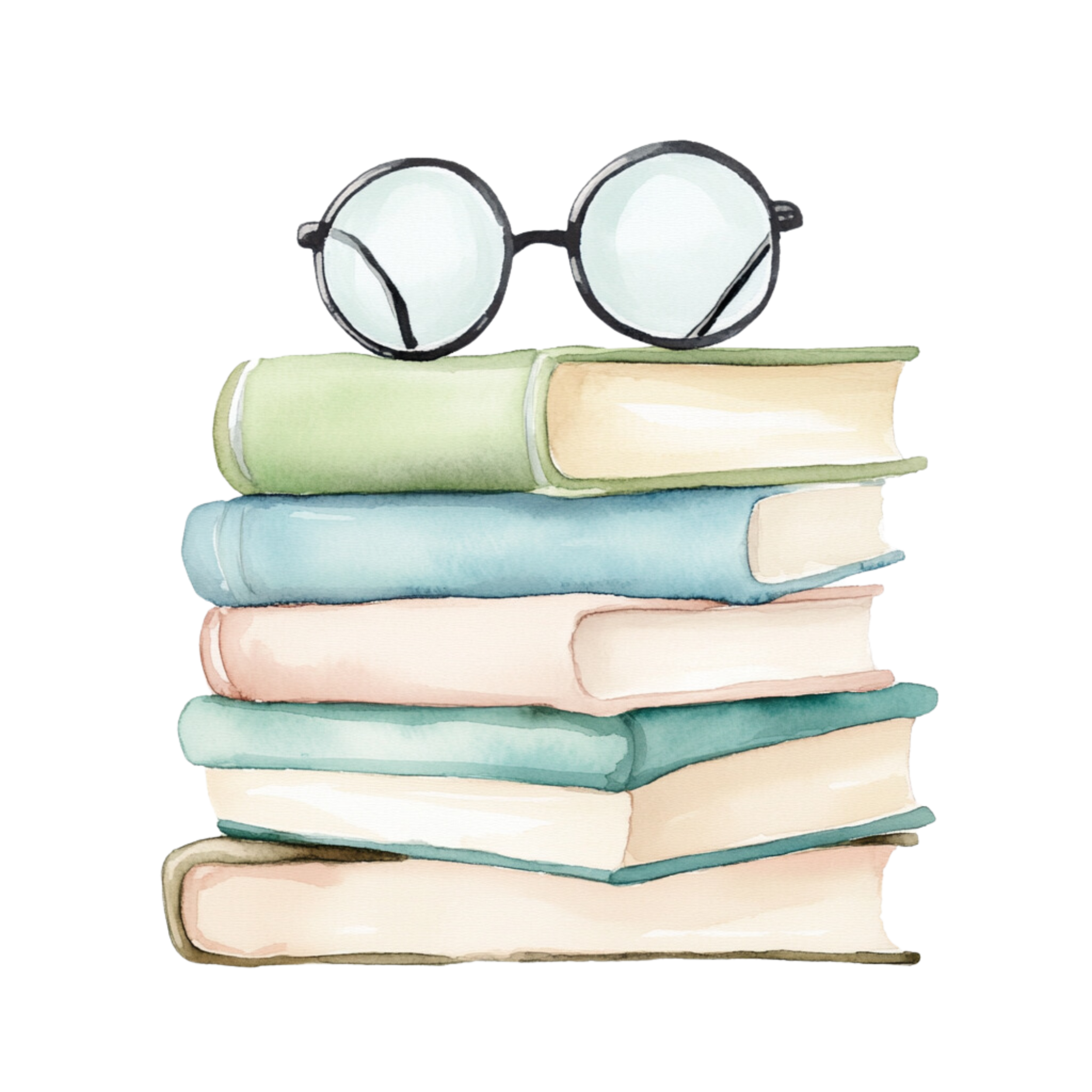Stack of five books with pastel-colored covers and a pair of round glasses on top