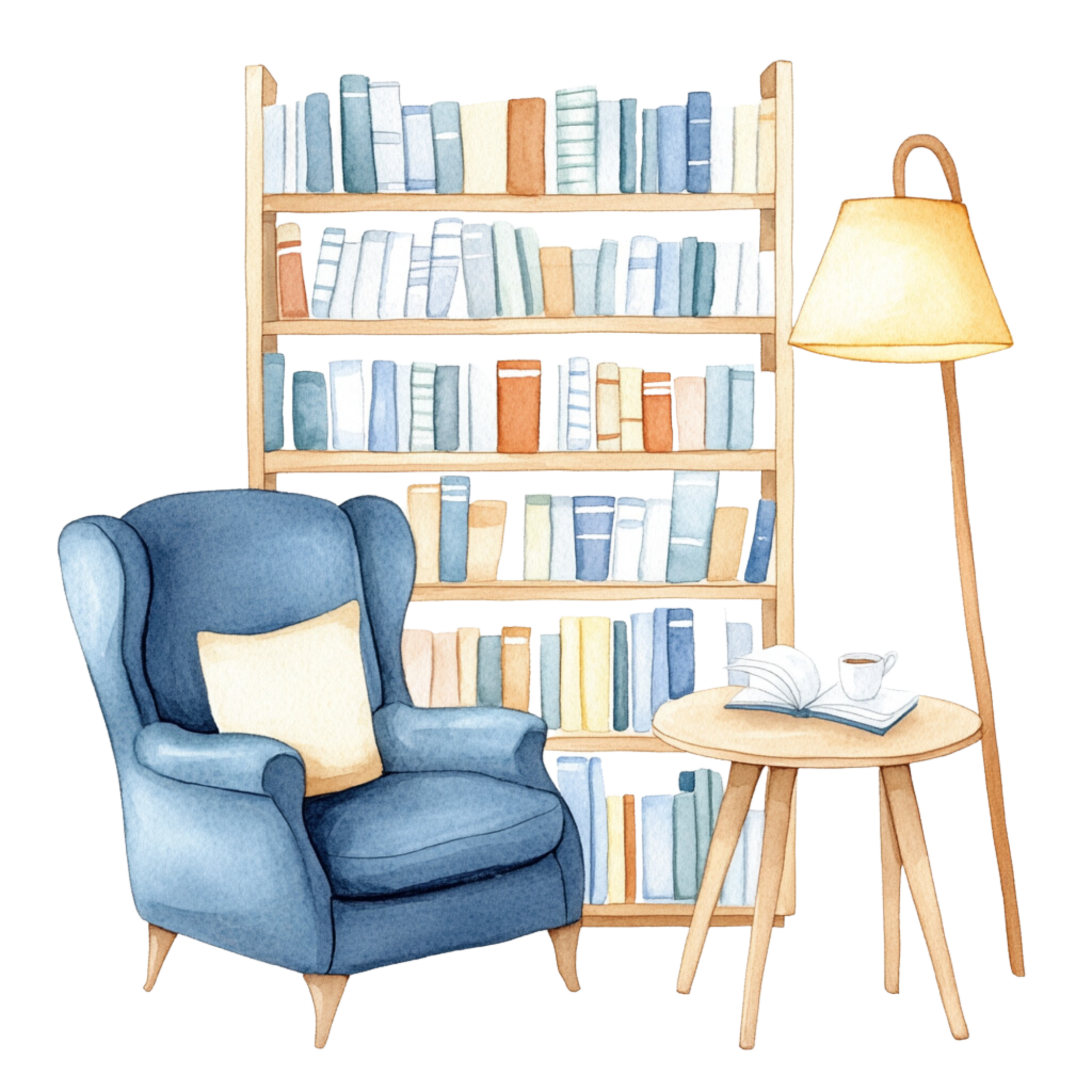 Watercolor illustration of a cozy reading corner with a blue armchair, small round table with an open book and coffee mug, a tall floor lamp, and a large bookshelf filled with books.