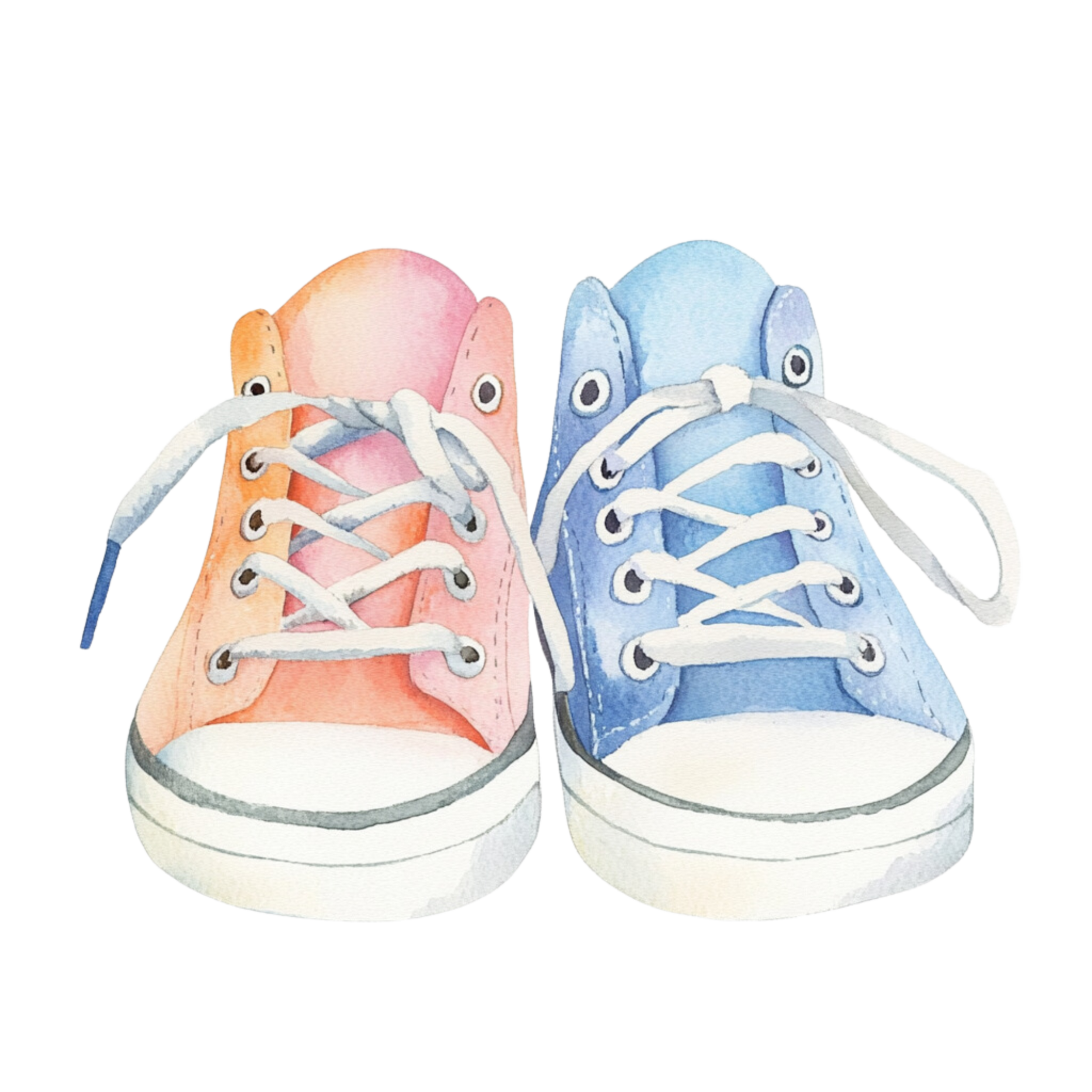 Watercolor painting of a pair of pink and blue sneakers with white laces and cartoonish eyes on the tongues, side by side.