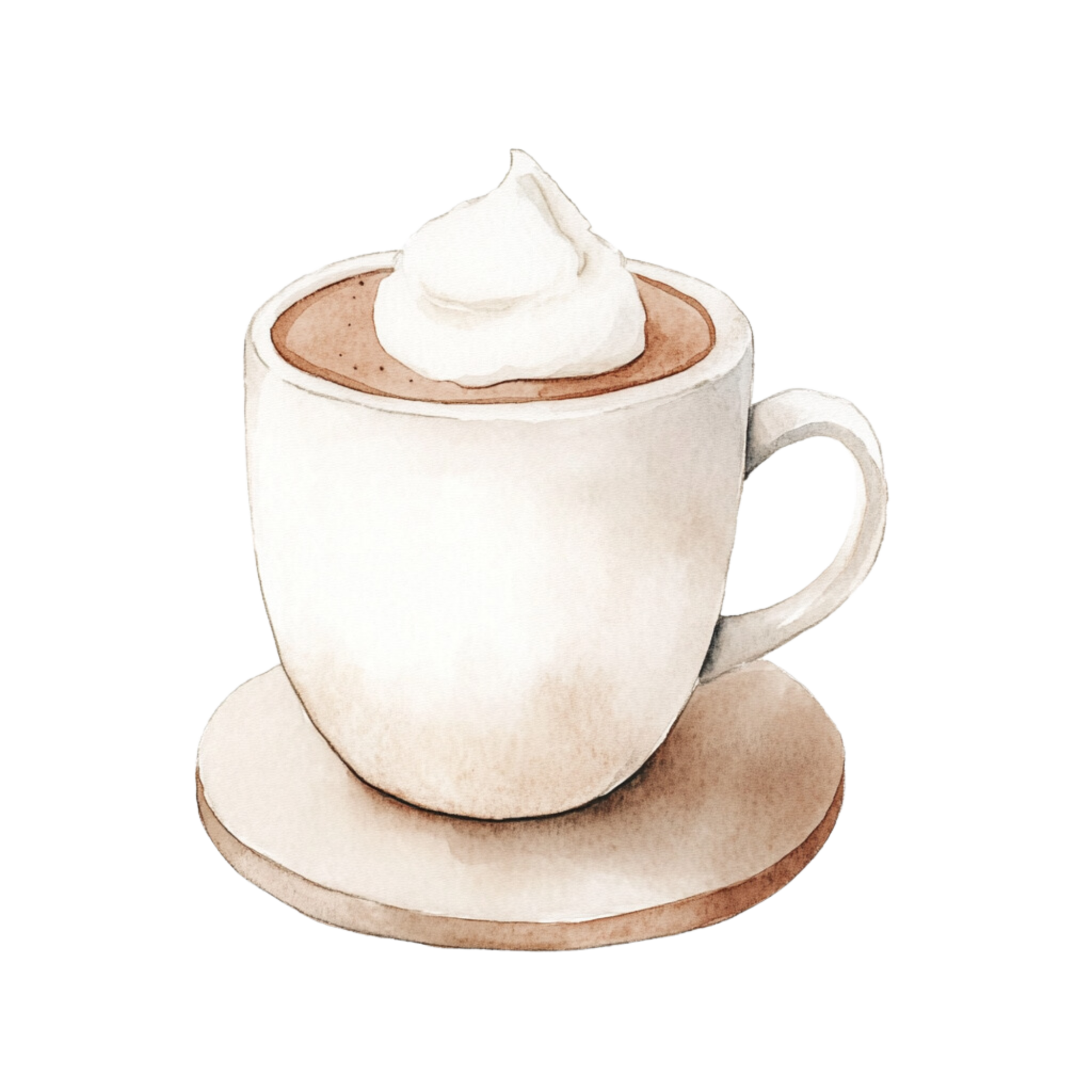A watercolor illustration of a white ceramic mug filled with hot chocolate, topped with whipped cream, sitting on a matching saucer.