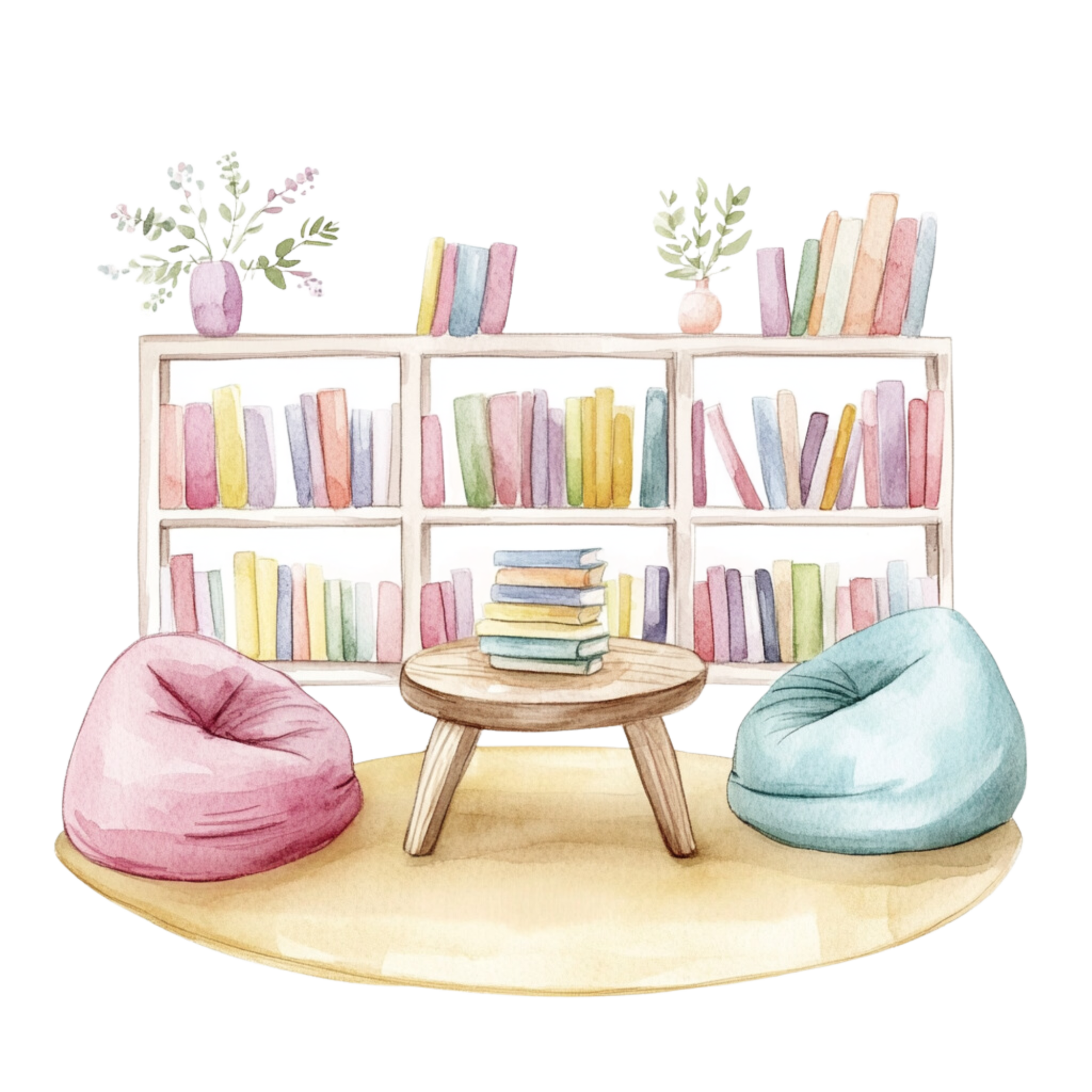 A watercolor illustration of a cozy reading nook with a bookshelf filled with colorful books, two bean bag chairs in pink and blue, a small round wooden table with stacked books, and potted plants on top of the bookshelf, all on a beige rug.