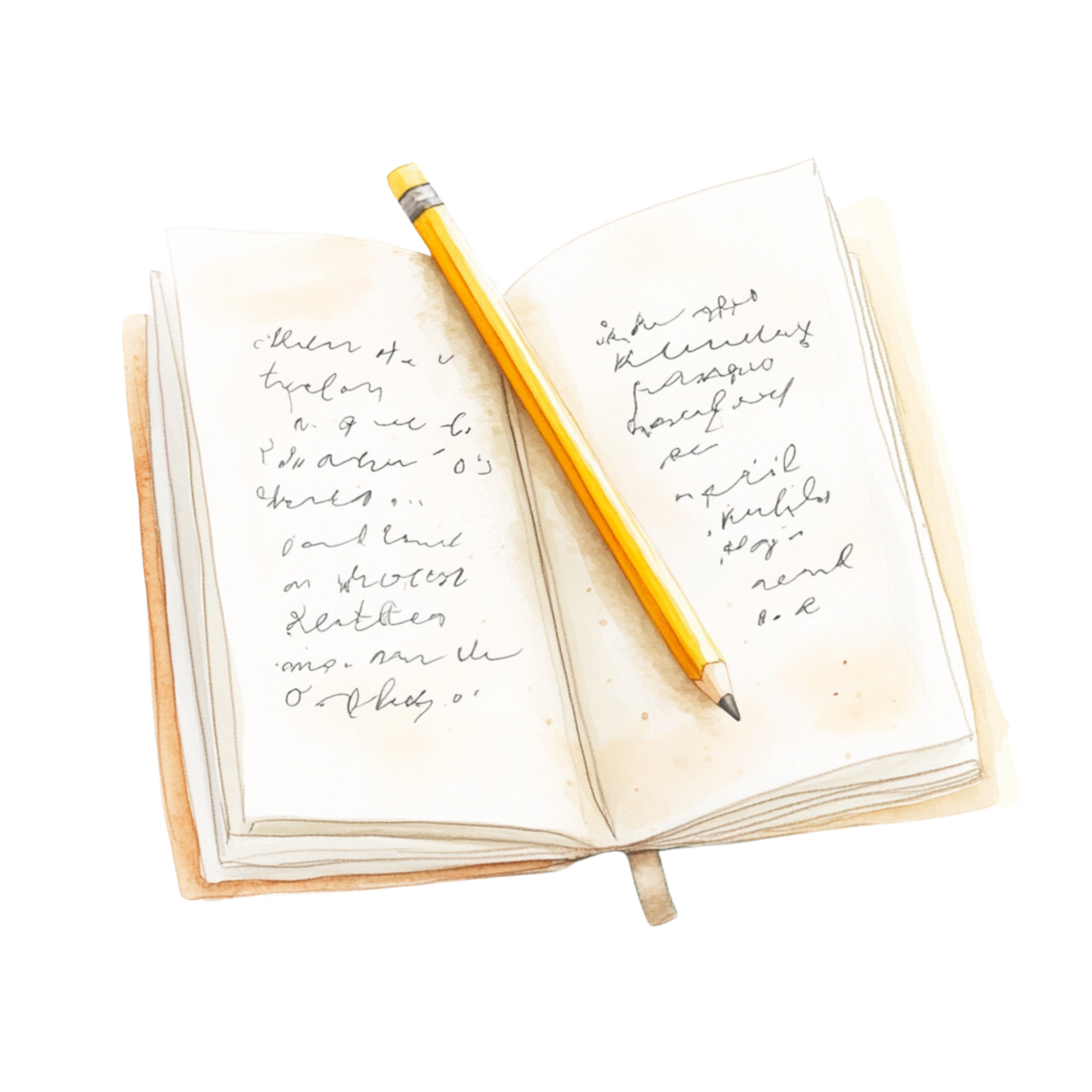Open notebook with handwritten notes, accompanied by a yellow pencil resting across the pages.
