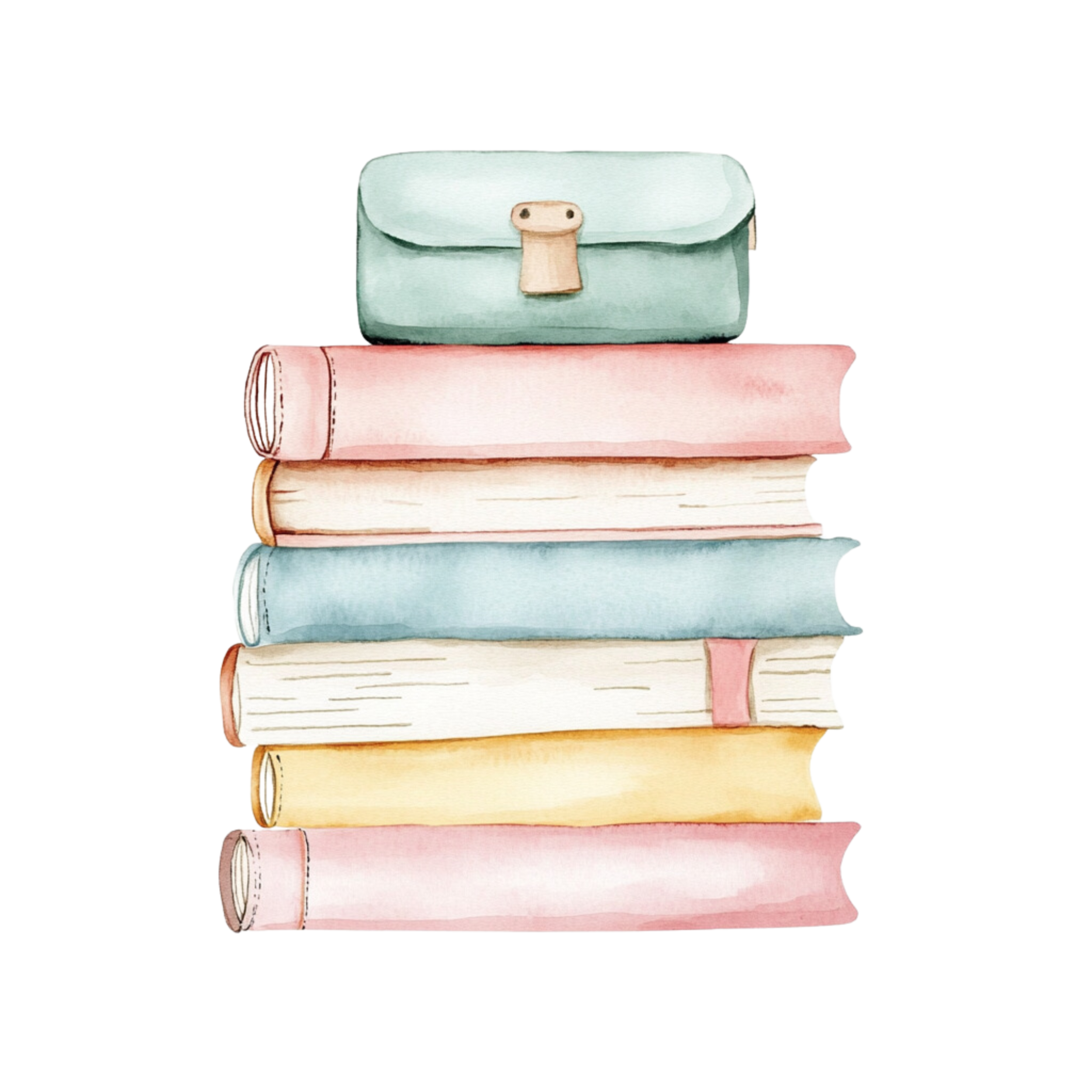A stack of six watercolor-style books with a pastel-colored bag on top.
