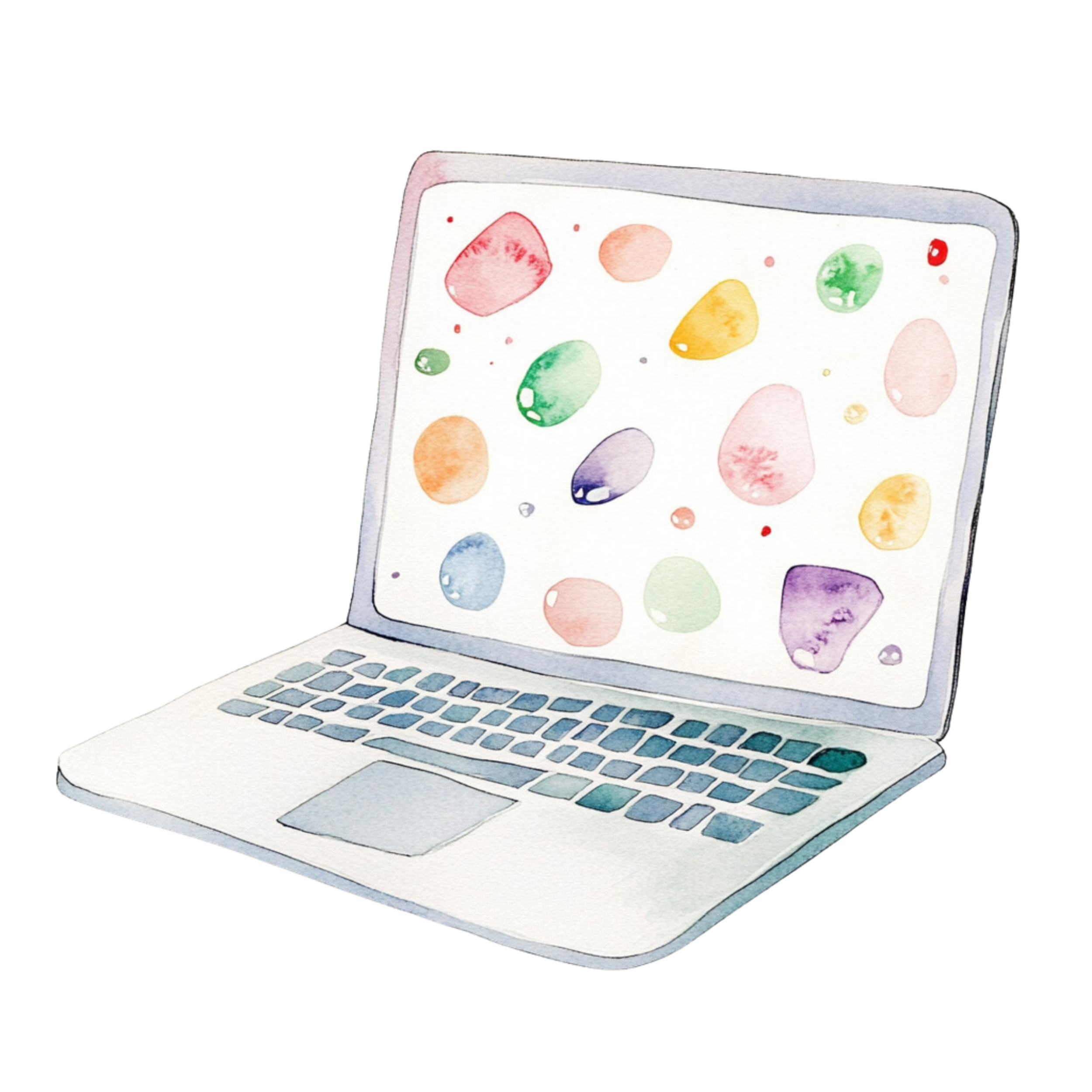 Watercolor illustration of a laptop with a colorful jellybean pattern on the screen.
