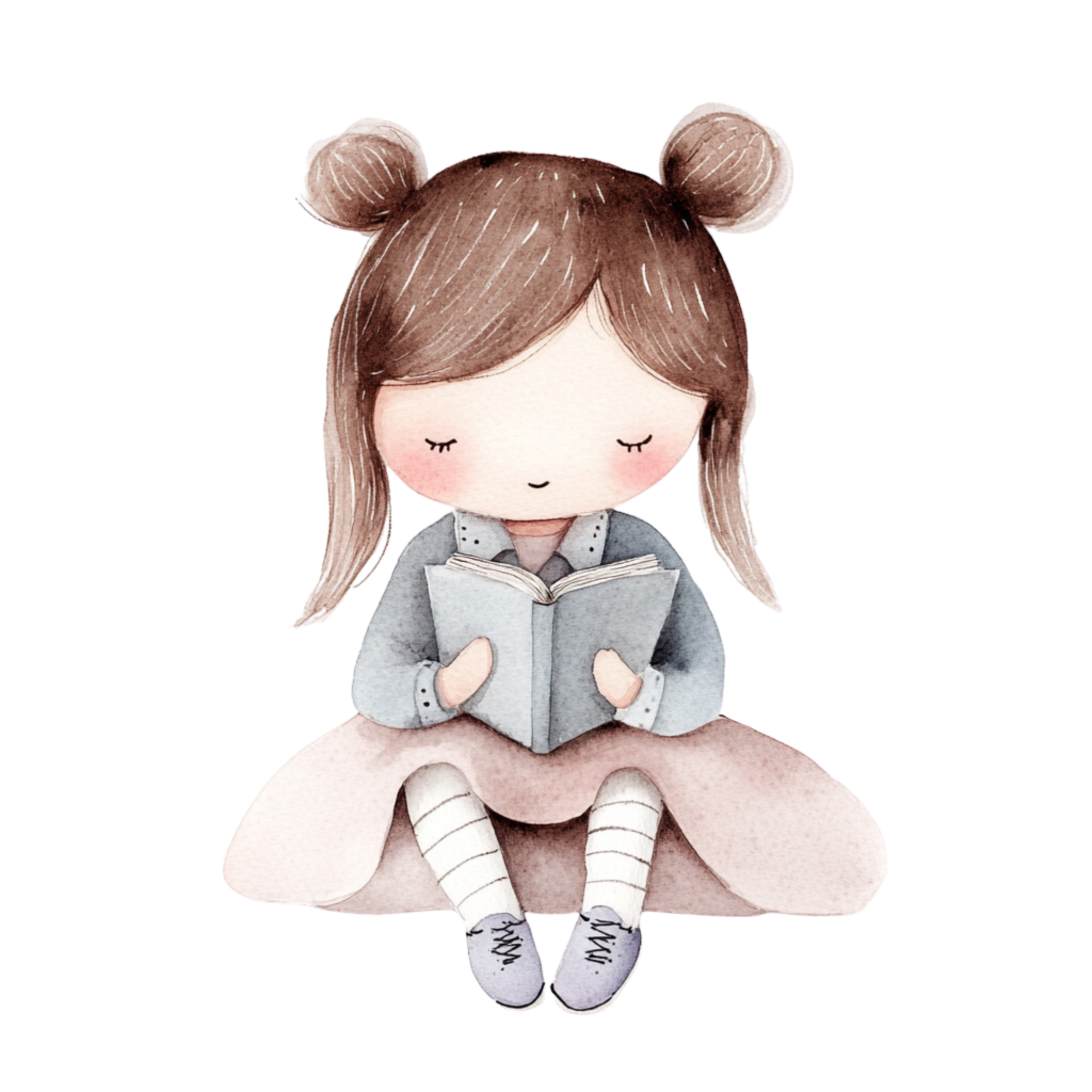 Cute illustrated girl with brown hair in buns, wearing a gray jacket, beige skirt, striped socks, and sneakers, sitting on the ground and reading a book.