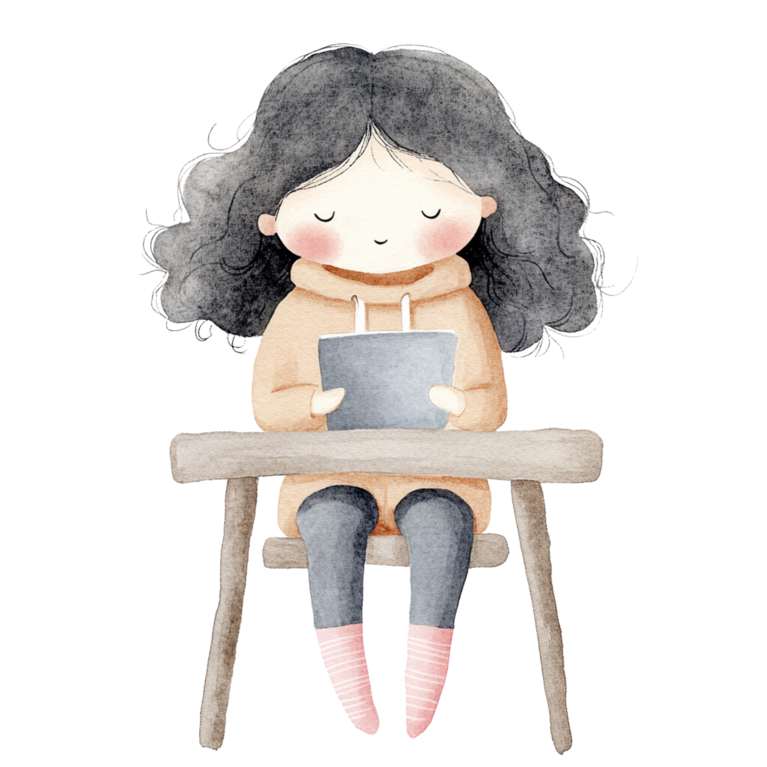 Cute girl with curly hair sitting on a wooden chair, wearing a beige hoodie, gray leggings, and pink striped socks, holding a tablet.