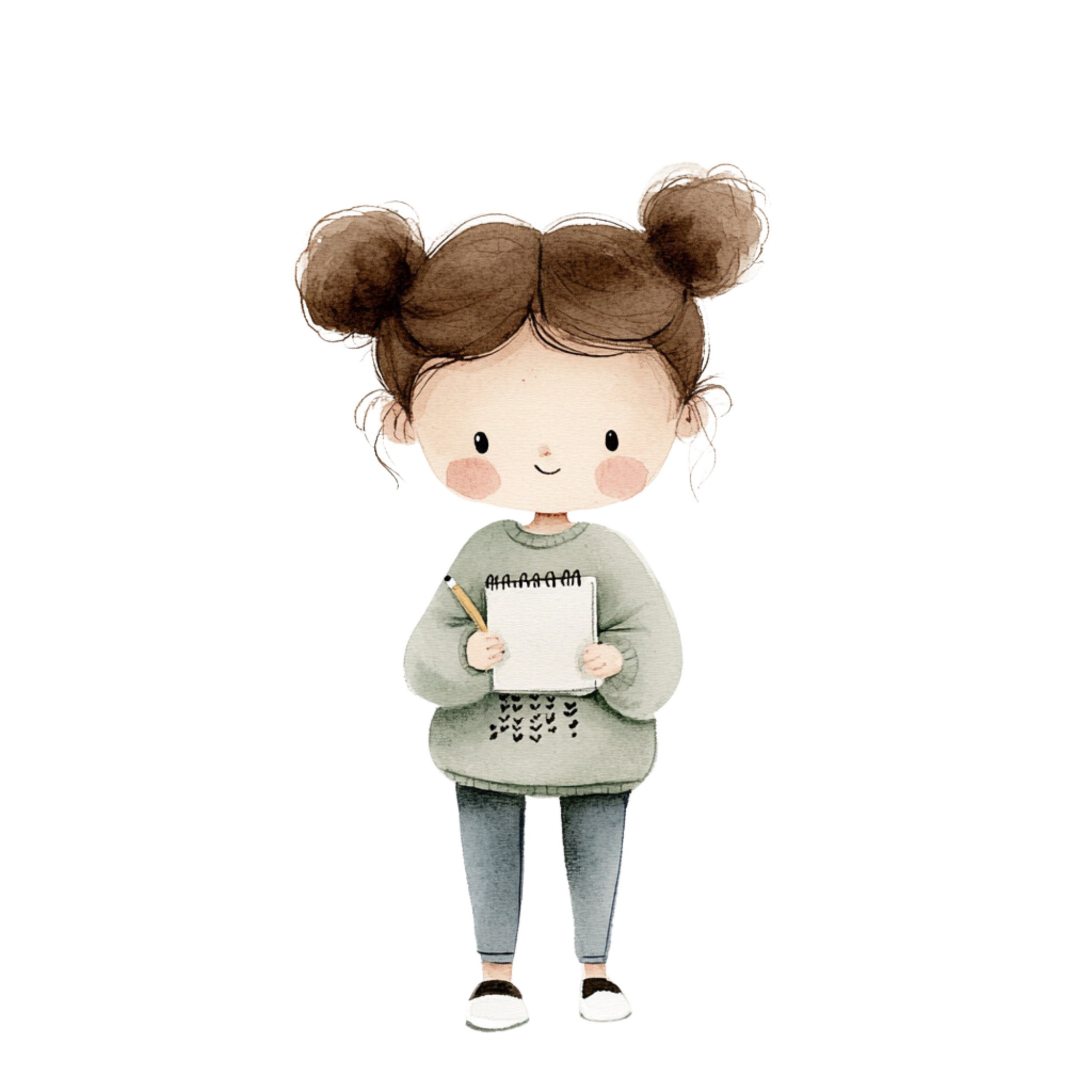 Cute cartoon girl with dual buns hairstyle, holding a notepad and pencil, wearing a green sweatshirt with black heart patterns, gray pants, and black and white shoes.