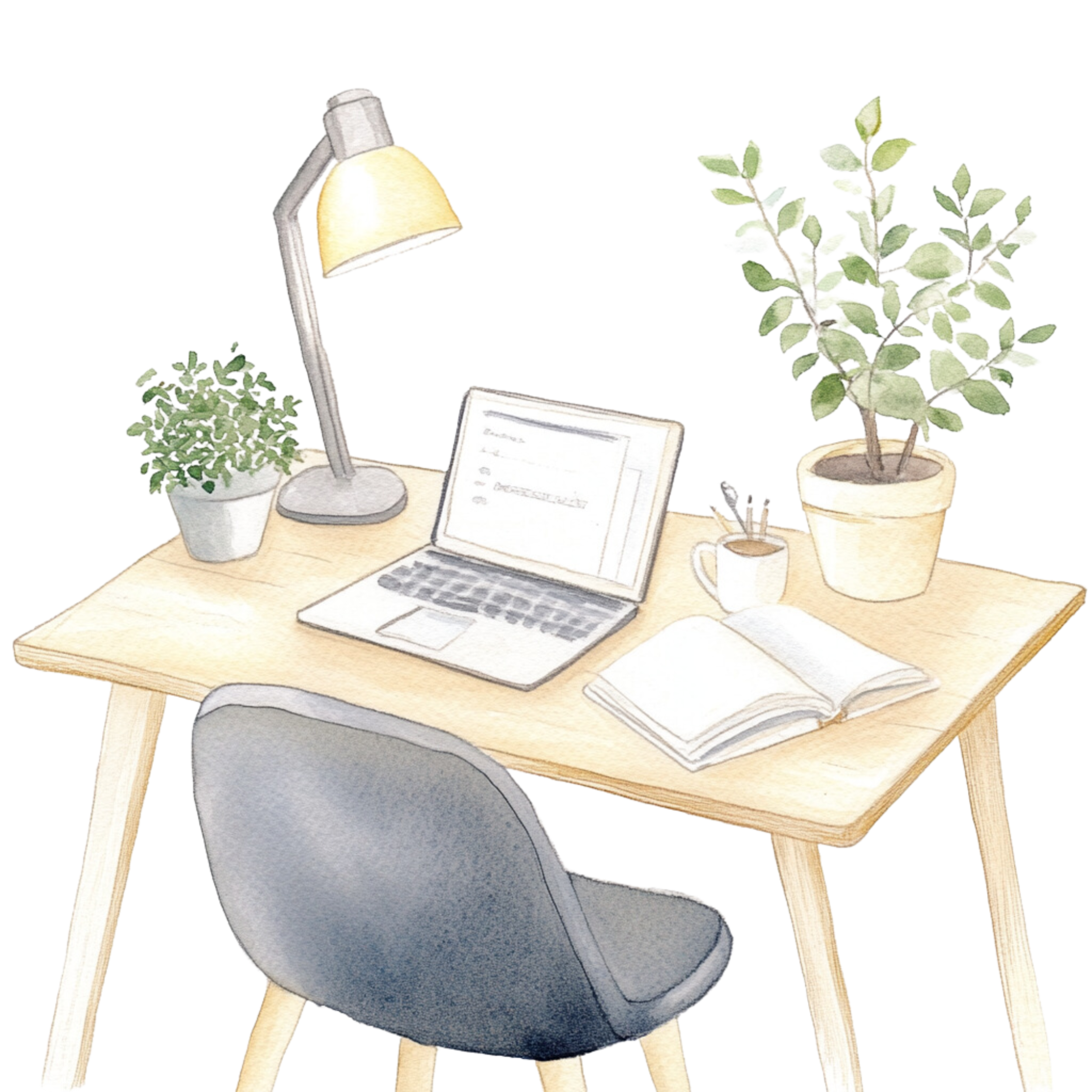 Desk with open laptop, open notebook, desk lamp, two potted plants, mug with pens, and a gray chair