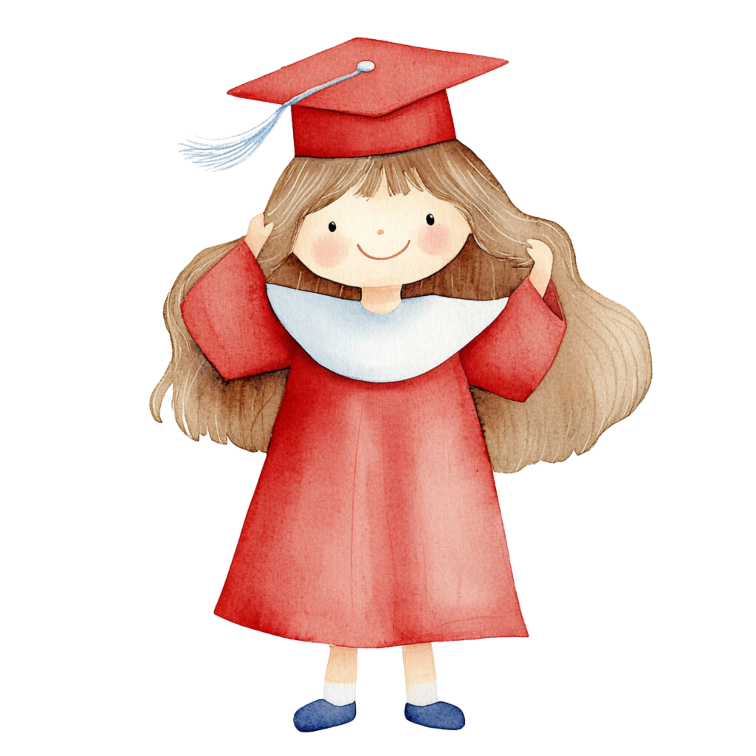 Cute cartoon girl in a red graduation gown and cap, with long brown hair, smiling and adjusting her cap.