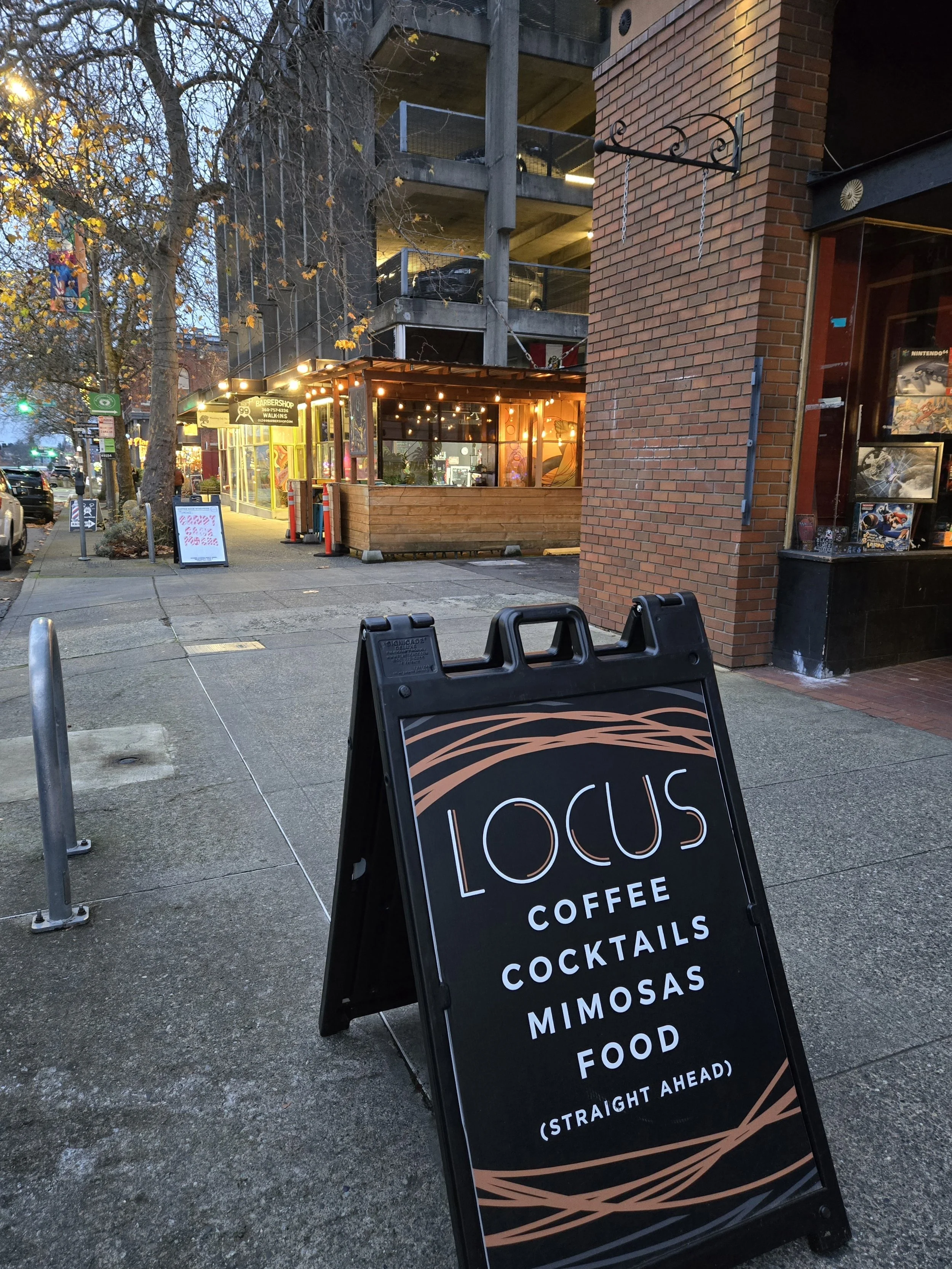 Locus of Bellingham sign outside the coffee house in Downtown Bellingham.
