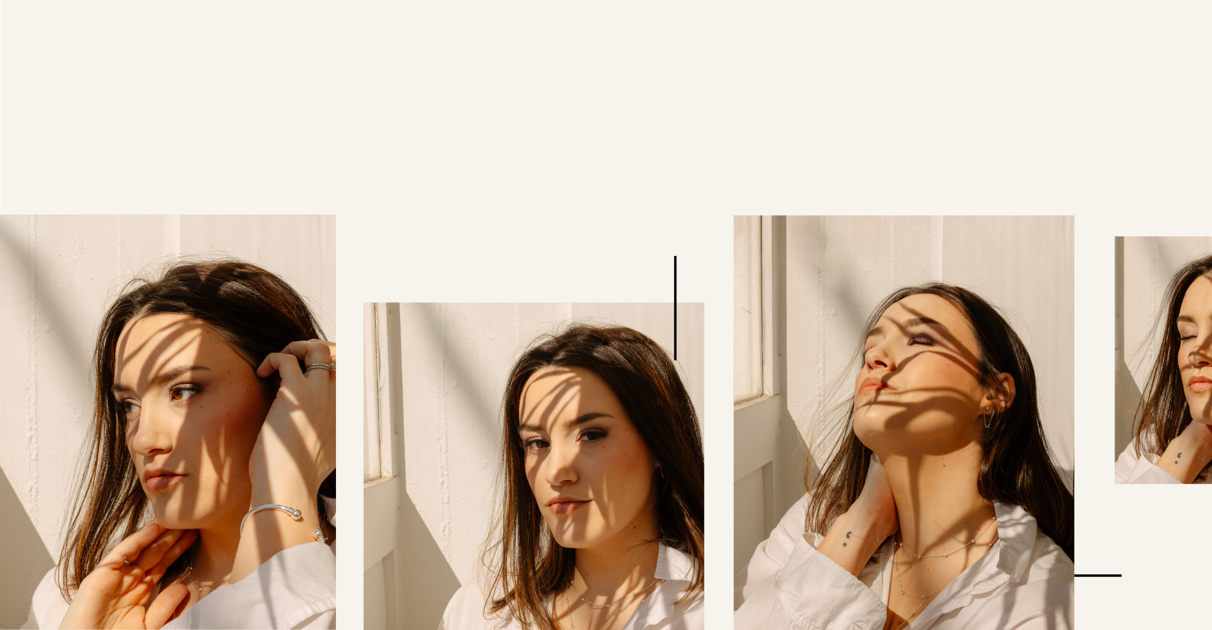 A collage of four photos of a young woman with long brown hair, wearing a white shirt and jewelry, with sunlight creating shadow patterns on her face and background, set against a white wall with minimal graphic elements.