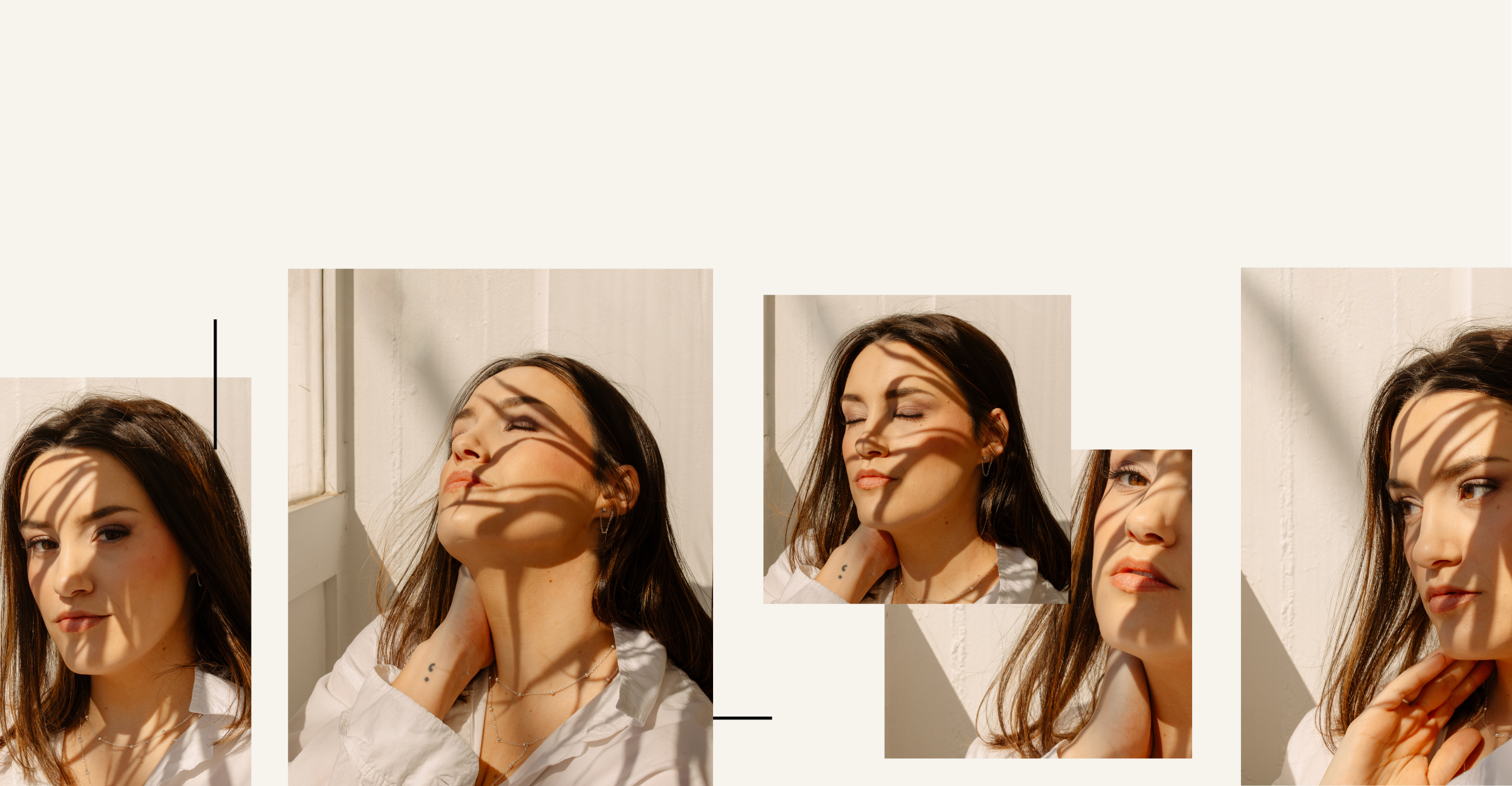 Collage of four women with sunlight and shadows on their faces, posing near a window, with different expressions and angles.