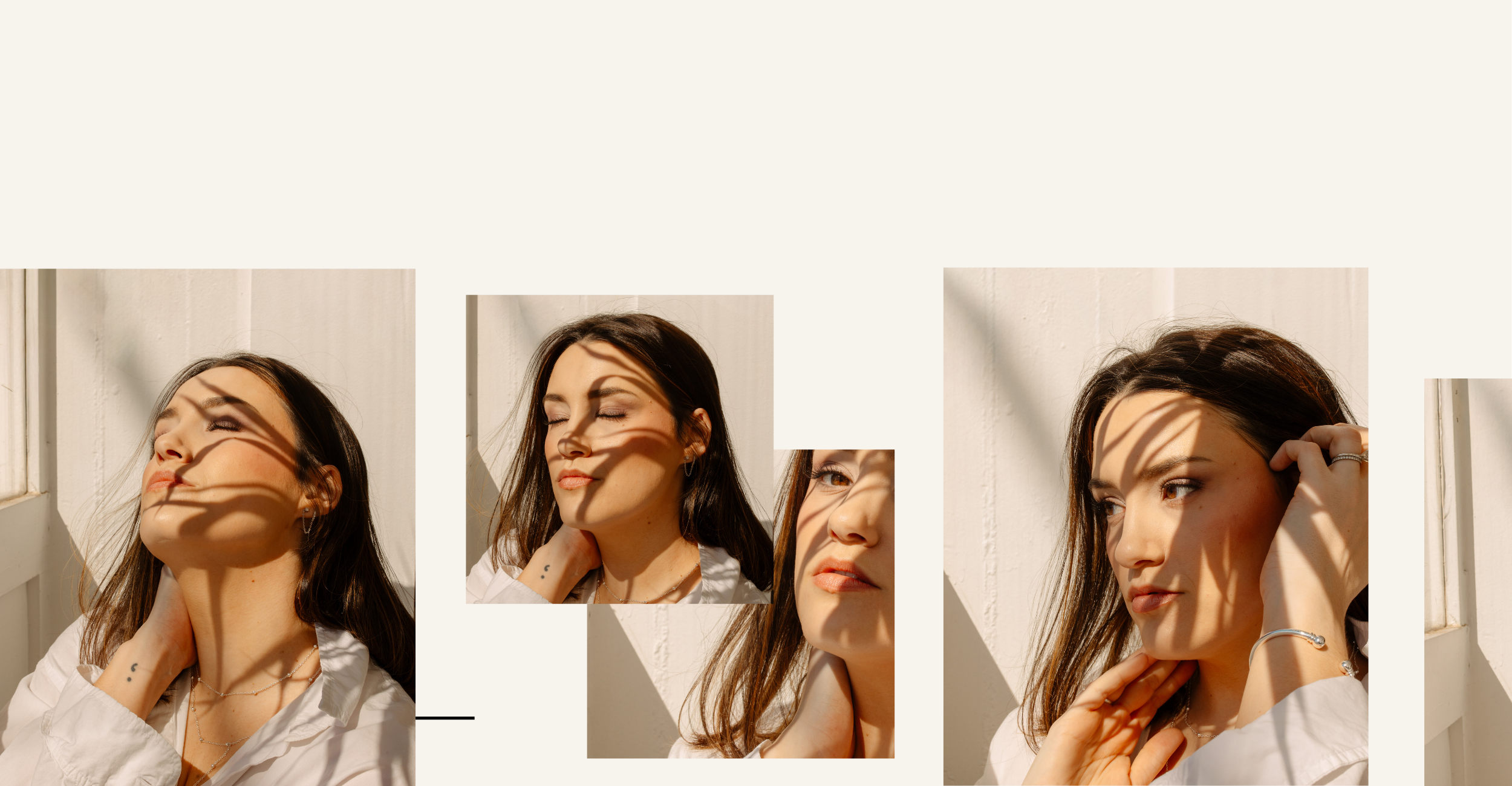 A collage of photos of a young woman with dark brown hair and light skin, posing near a white wall with sunlight casting shadows of leaves across her face. She is wearing a white shirt, earrings, and rings, with her eyes closed in two photos and look