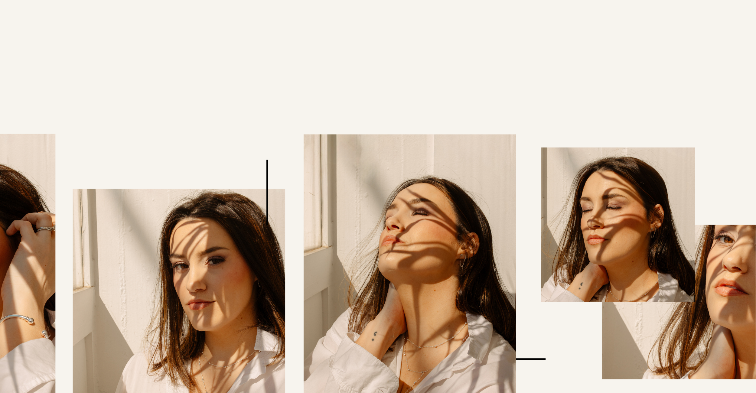 Collage of a woman with dark brown hair in different poses, sunlight casting shadows on her face from a nearby leaf, next to a white wall and window.