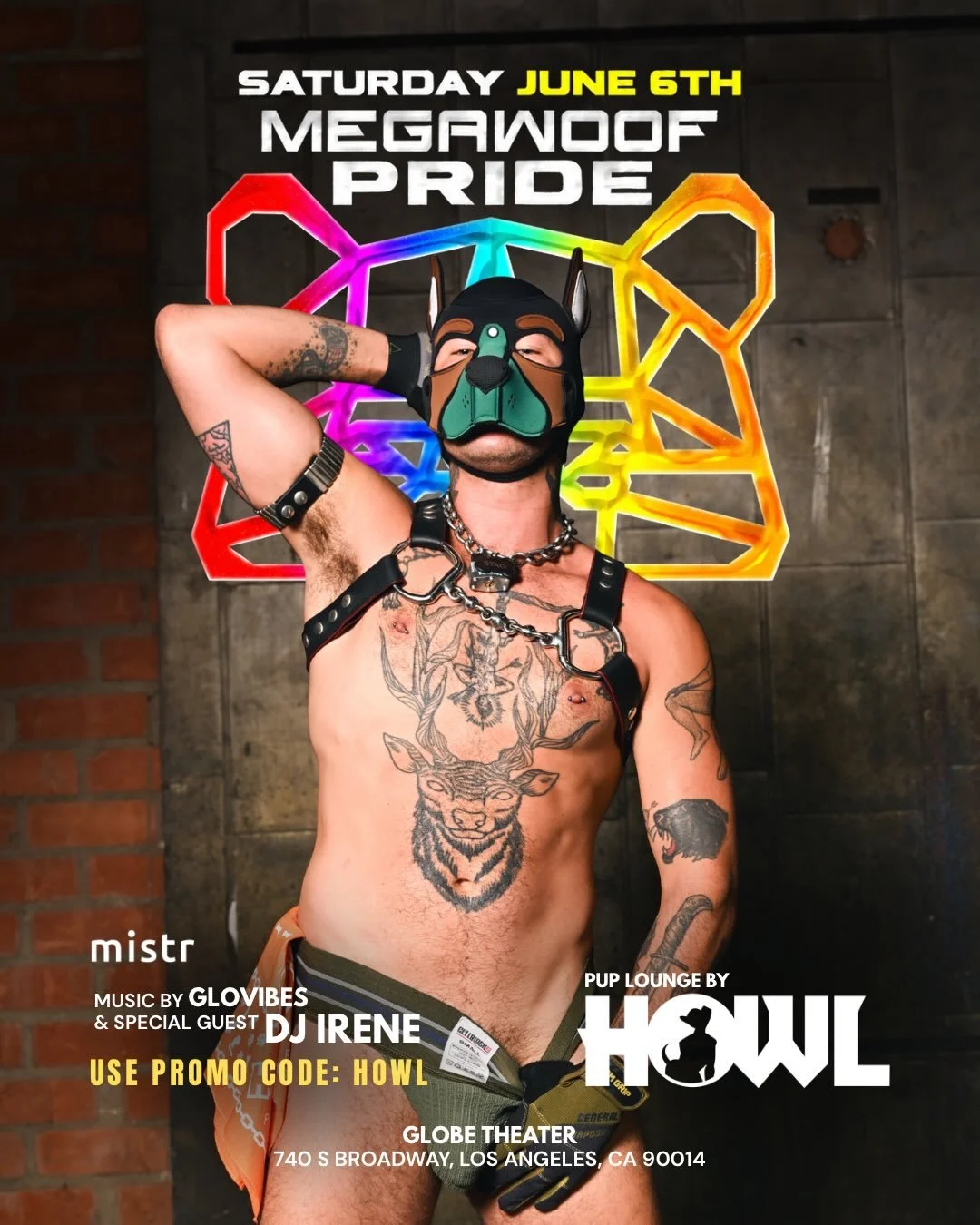 Tickets going fast! 🐶🏳️&zwj;🌈

Don&rsquo;t miss PUP PRIDE WEEKEND
Two events, hundreds of pups

SATURDAY JUNE 6 @megawoof_america at @globetheatre.la 
Use promo code HOWL for discount (link in bio)

SUNDAY JUNE 7 @howldtla K!nk At Pride @precinctd
