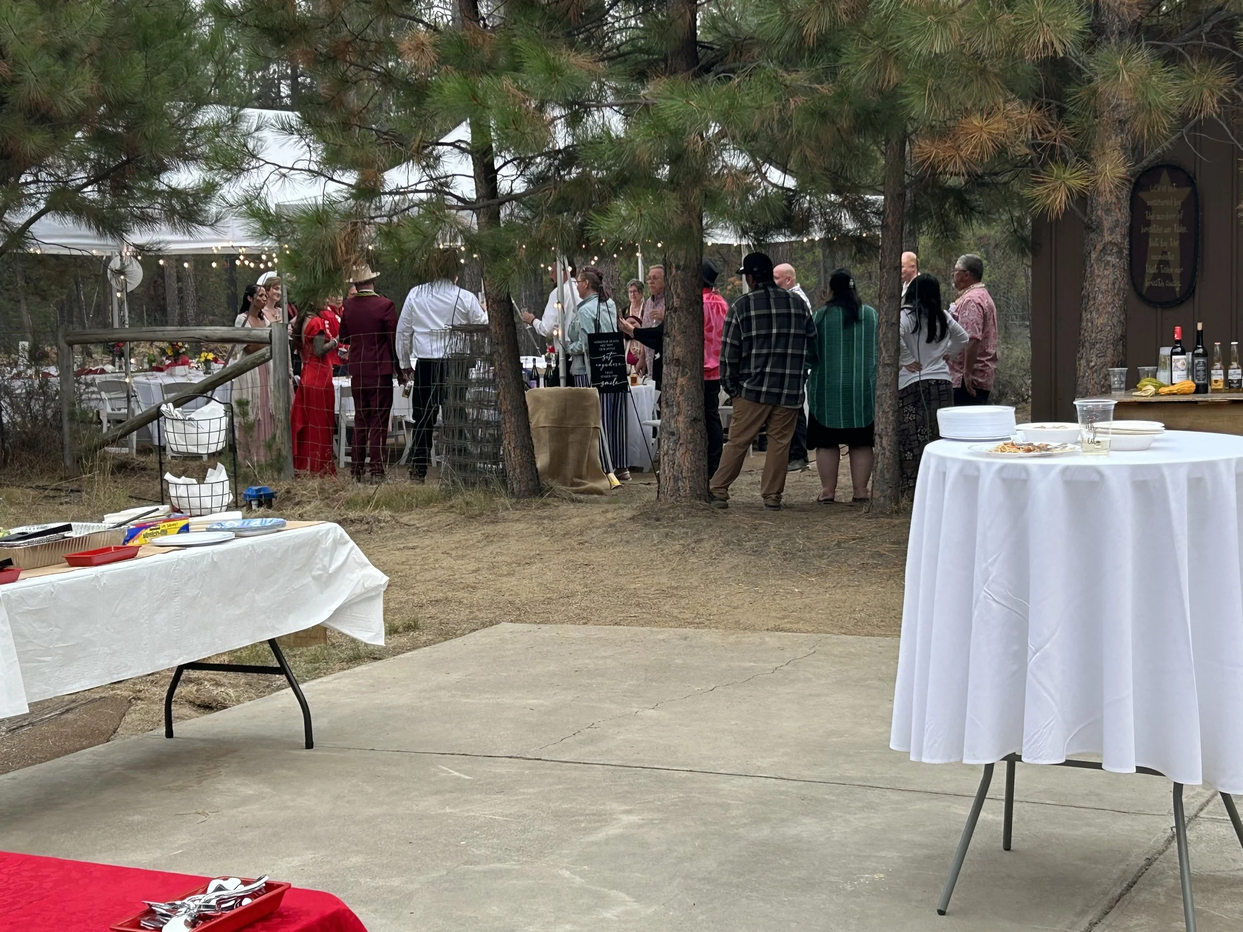 People gathered at an outdoor event or party, with tables set up with food and drinks, surrounded by trees and string lights.