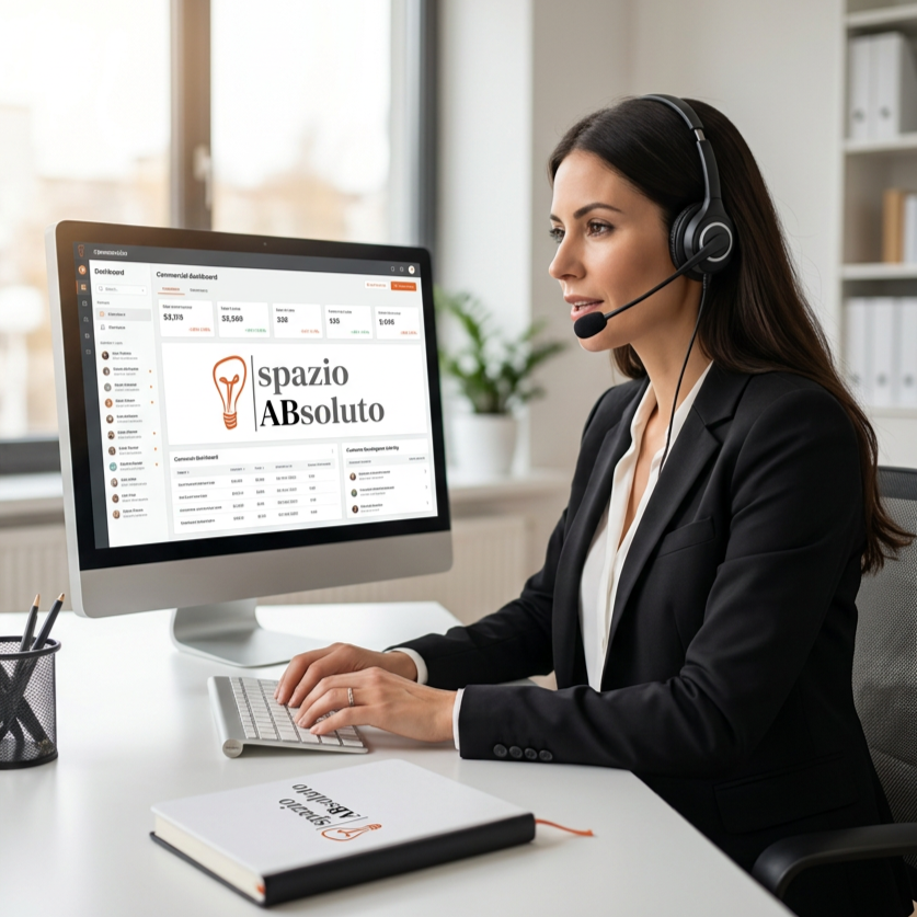 Una donna in abito formale con cuffia al telefono lavora al computer in un ufficio con una finestra luminosa ai lati.