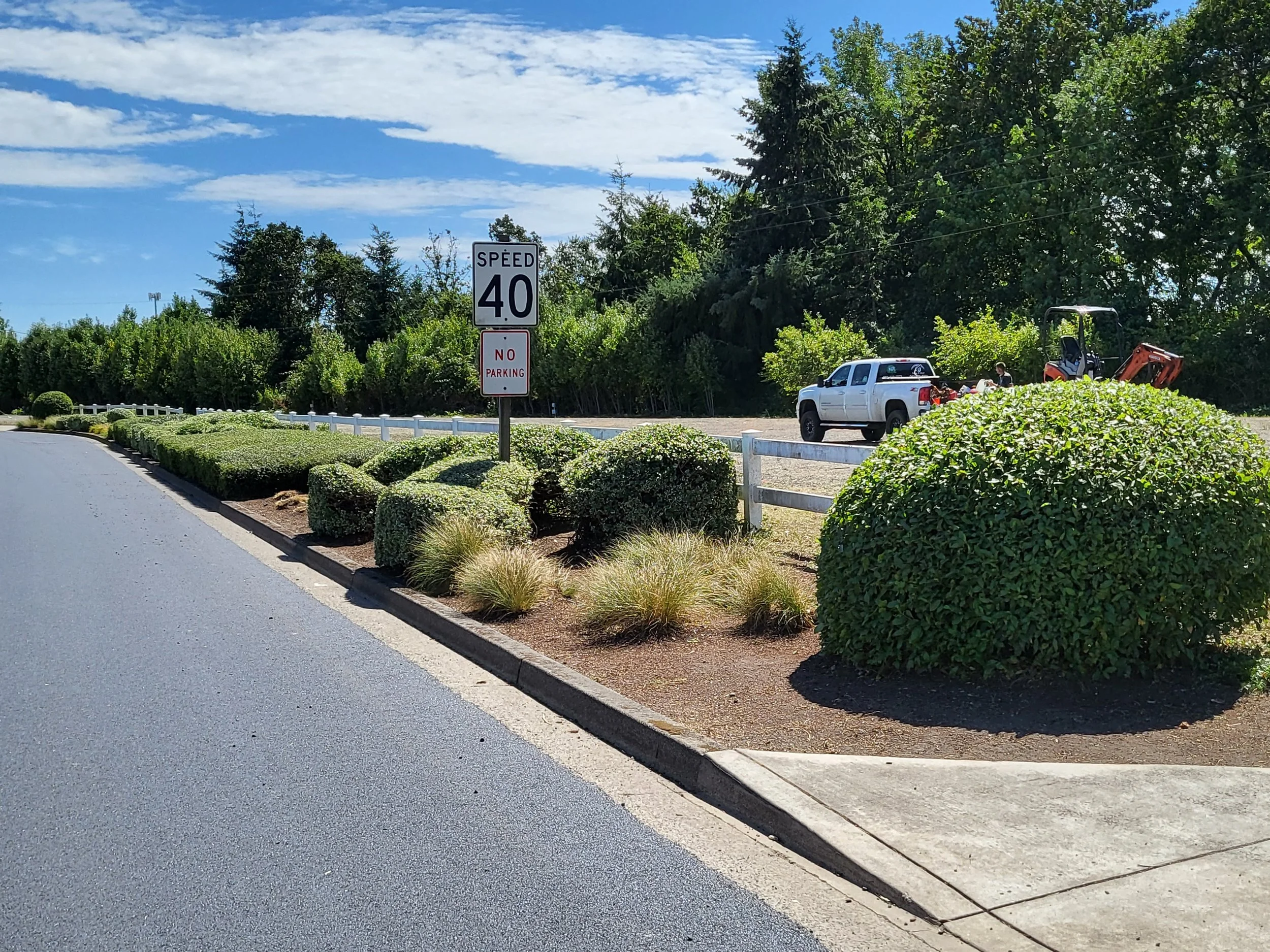 A street with a speed limit sign of 40 miles per hour, a no parking sign, a white truck, a small construction vehicle, and a person working near greenery and trees.