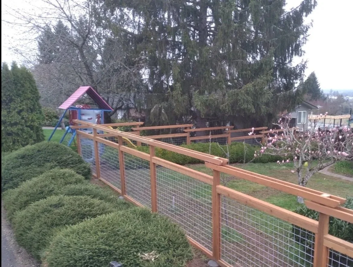 Backyard with a wooden and wire fence, a small children's playhouse with a pink roof, a swing set, and a flowering tree, large evergreen trees in the background, and a neighboring house in the distance.