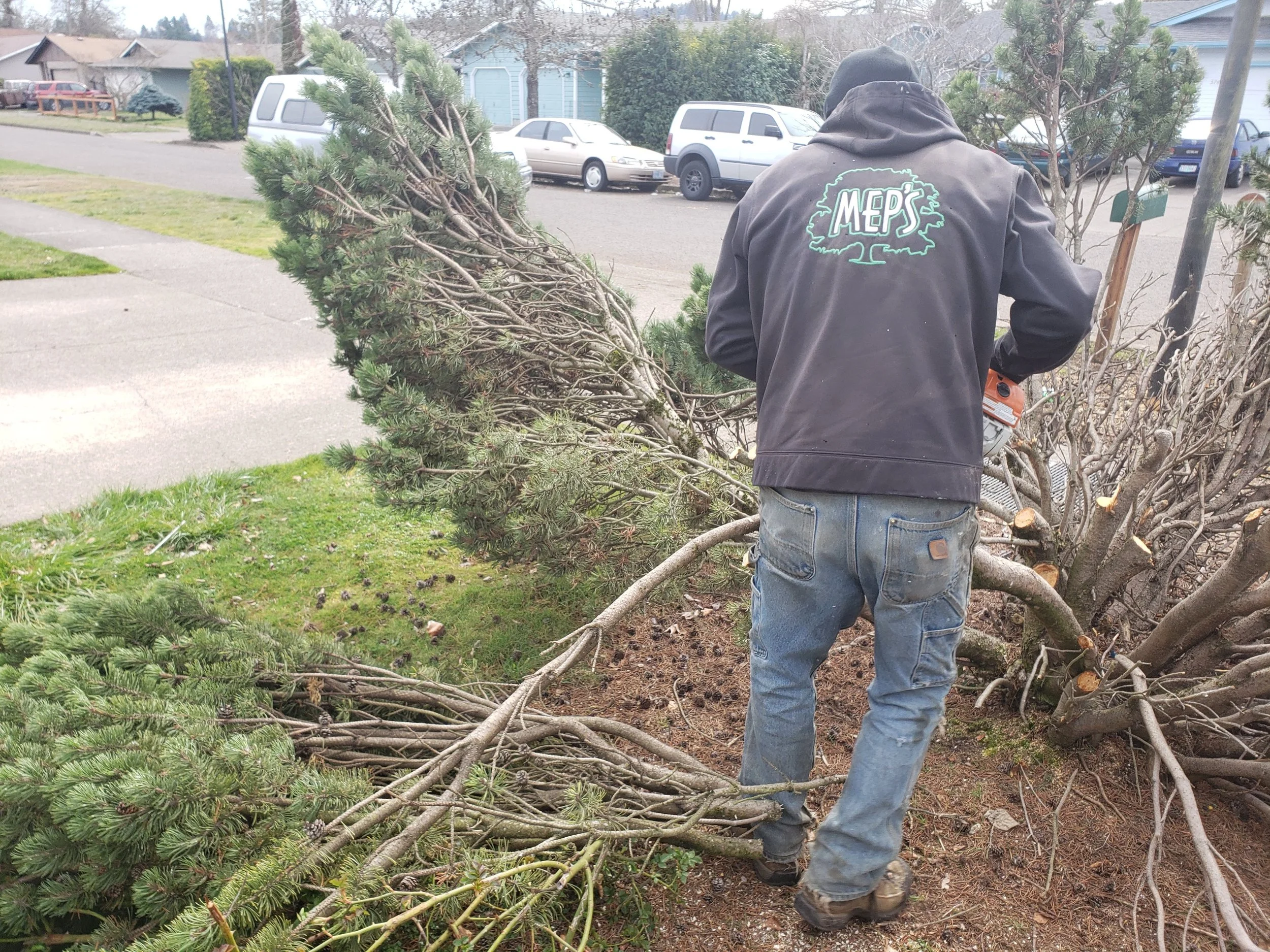 Person in sweatshirt collecting debris after storm damage