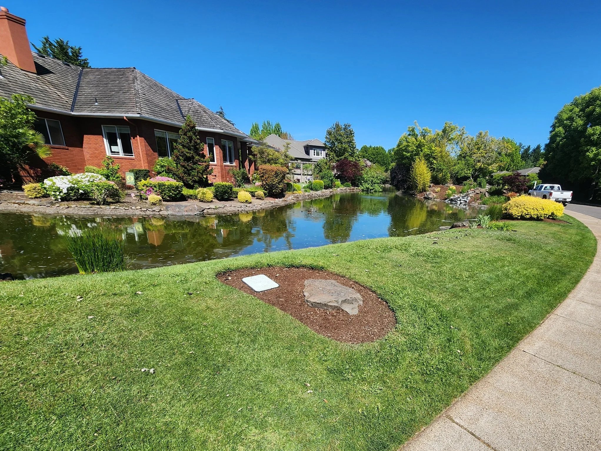 Residential neighborhood with a pond, colorful flower beds, trees, and houses; clear blue sky and sidewalk in the foreground.