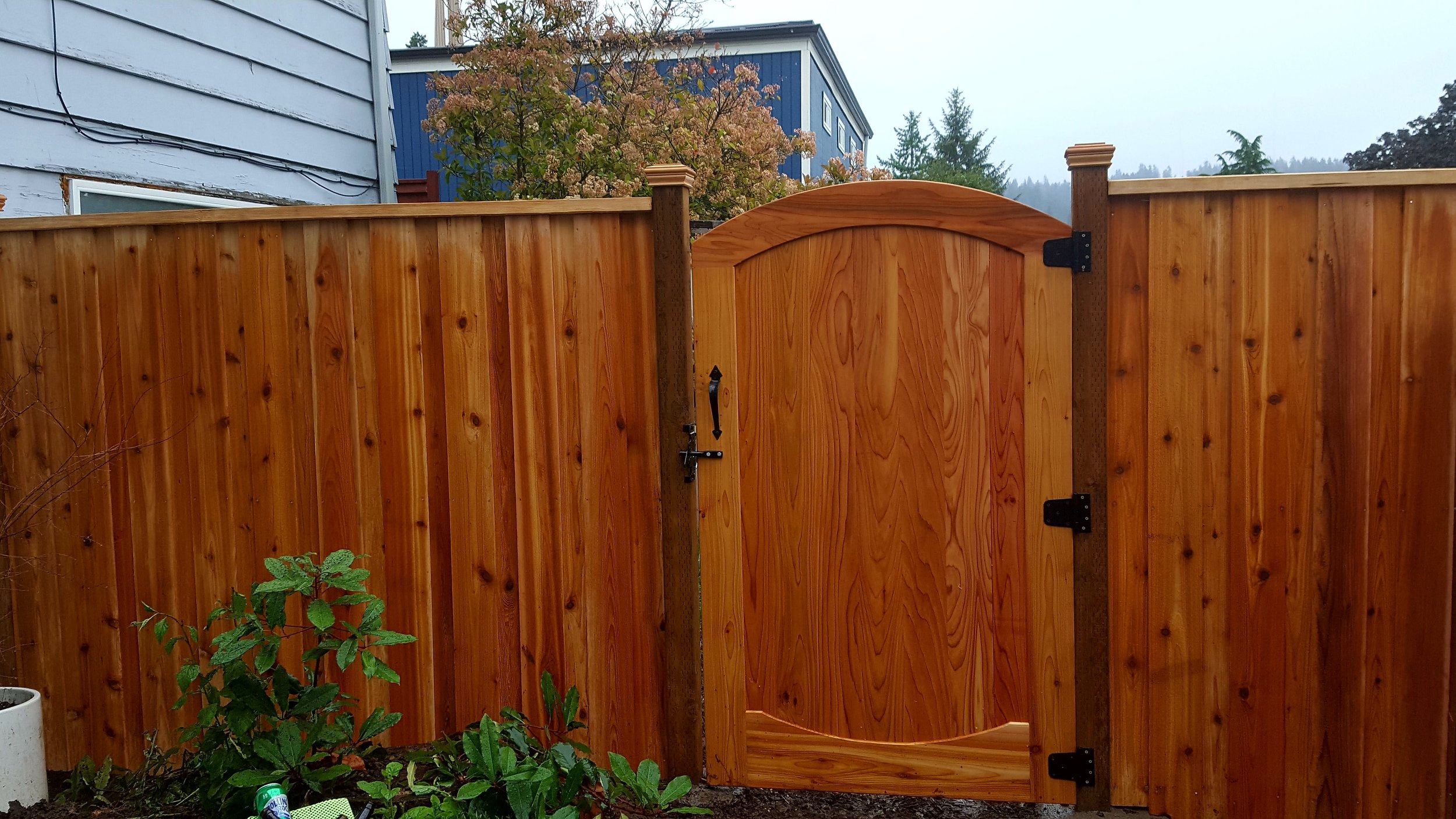Wooden garden gate with a latch, next to a matching wooden fence, with plants and a house in the background.