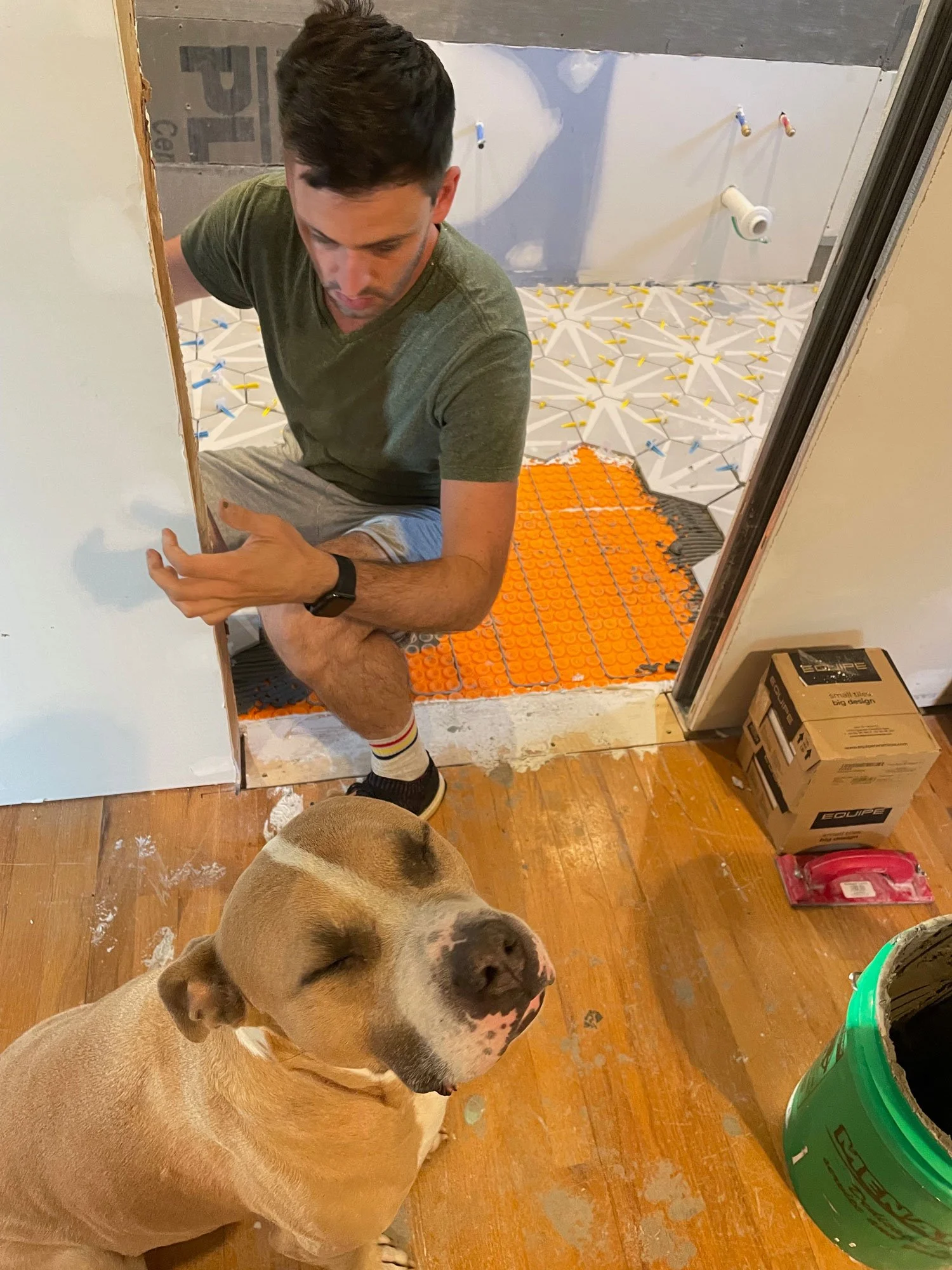A man is installing bathroom tiles on the floor of a bathroom under construction. There is a dog sitting on the floor nearby, and construction boxes are in the background.