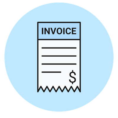 Illustration of an invoice with the word 'INVOICE' at the top and a dollar sign at the bottom right.
