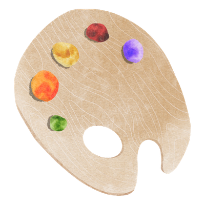 A painter's palette with five dollops of paint in red, yellow, purple, orange, and green.