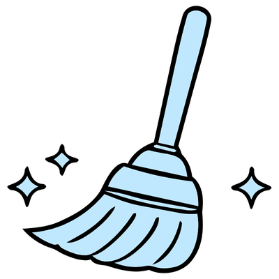 A cartoon broom with sparkles around it.