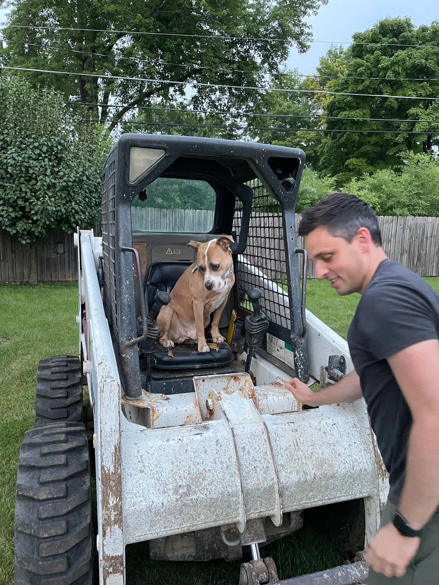 A man is working on a small utility vehicle with a dog sitting in the driver's seat. The vehicle is parked on a grassy area, with a wooden fence and trees in the background.