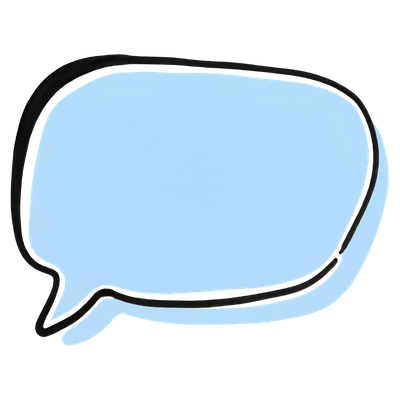 Empty blue speech bubble with black outline on a transparent background.