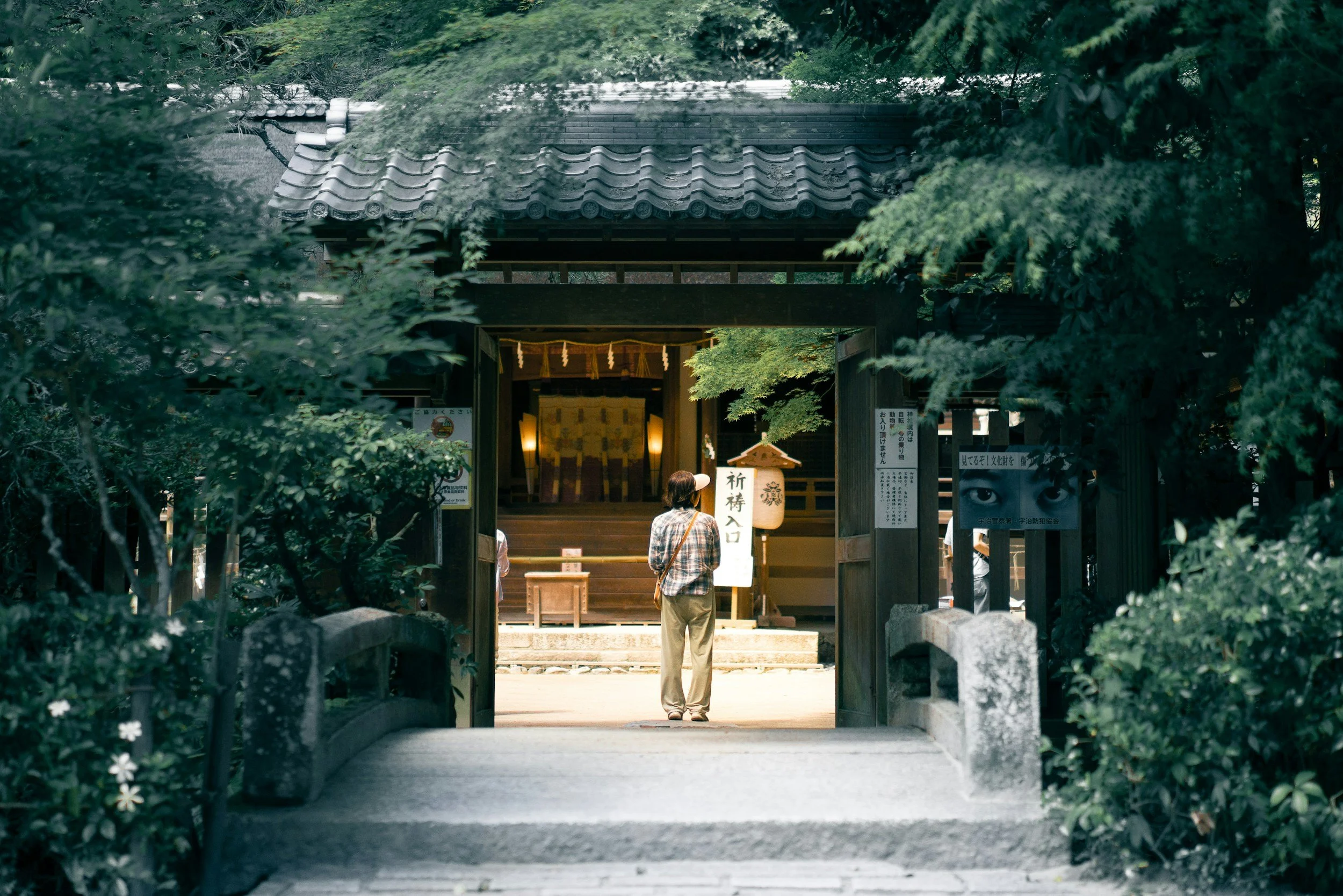 Image of a person standing at the entrance way of a shrine in Japan