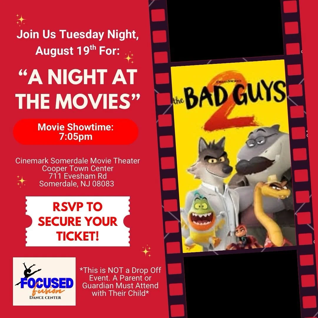 🎬FFDC Community Event: Night at the Movies!🍿

📍Somerdale Cinemark Movie Theater
📅 Tuesday, August 19th
🕓 Showtime: 7:05pm
✨Meet in the theater lobby at 6:30pm

🎟️Tickets are $9 each and will be purchased in advance and billed to your studio acc