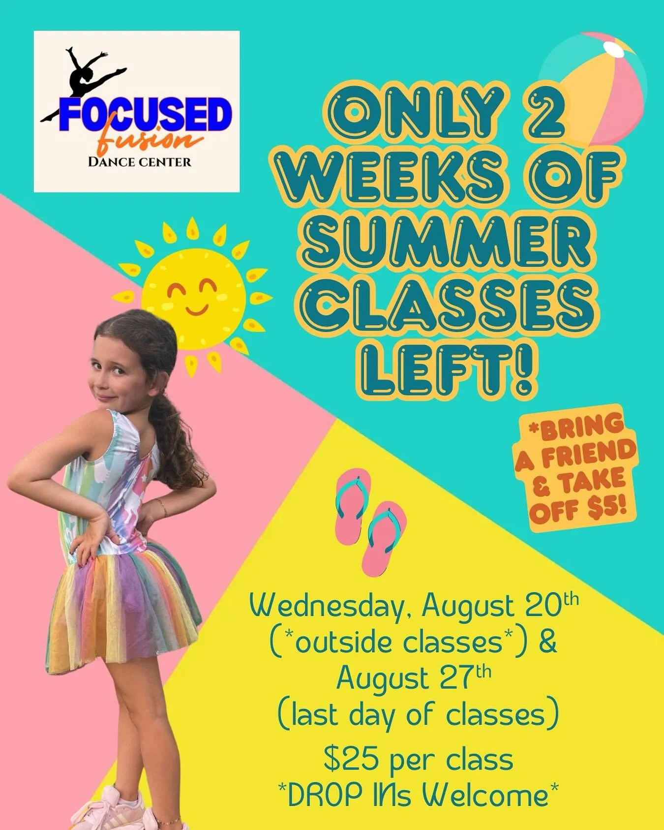☀️The countdown is ON!

⛱️Only 2 weeks left of summer dance magic at Focused Fusion Dance Center! 💃🕺Don&rsquo;t miss your chance to move, groove, and grow before the season ends!

🧡Wednesday, August 20th (*all classes held outside*) - Musical Thea