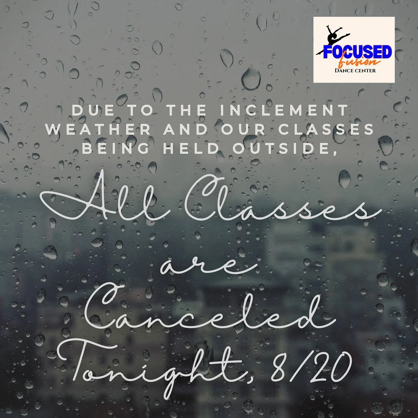 ☔️Class UPDATE for Tonight, 8/20☔️

⚡️Due to the rain and ongoing inclement weather, we unfortunately have to CANCEL tonight&rsquo;s outdoor classes.

💦We&rsquo;re so bummed we won&rsquo;t get to dance with you this evening, but the safety and comfo