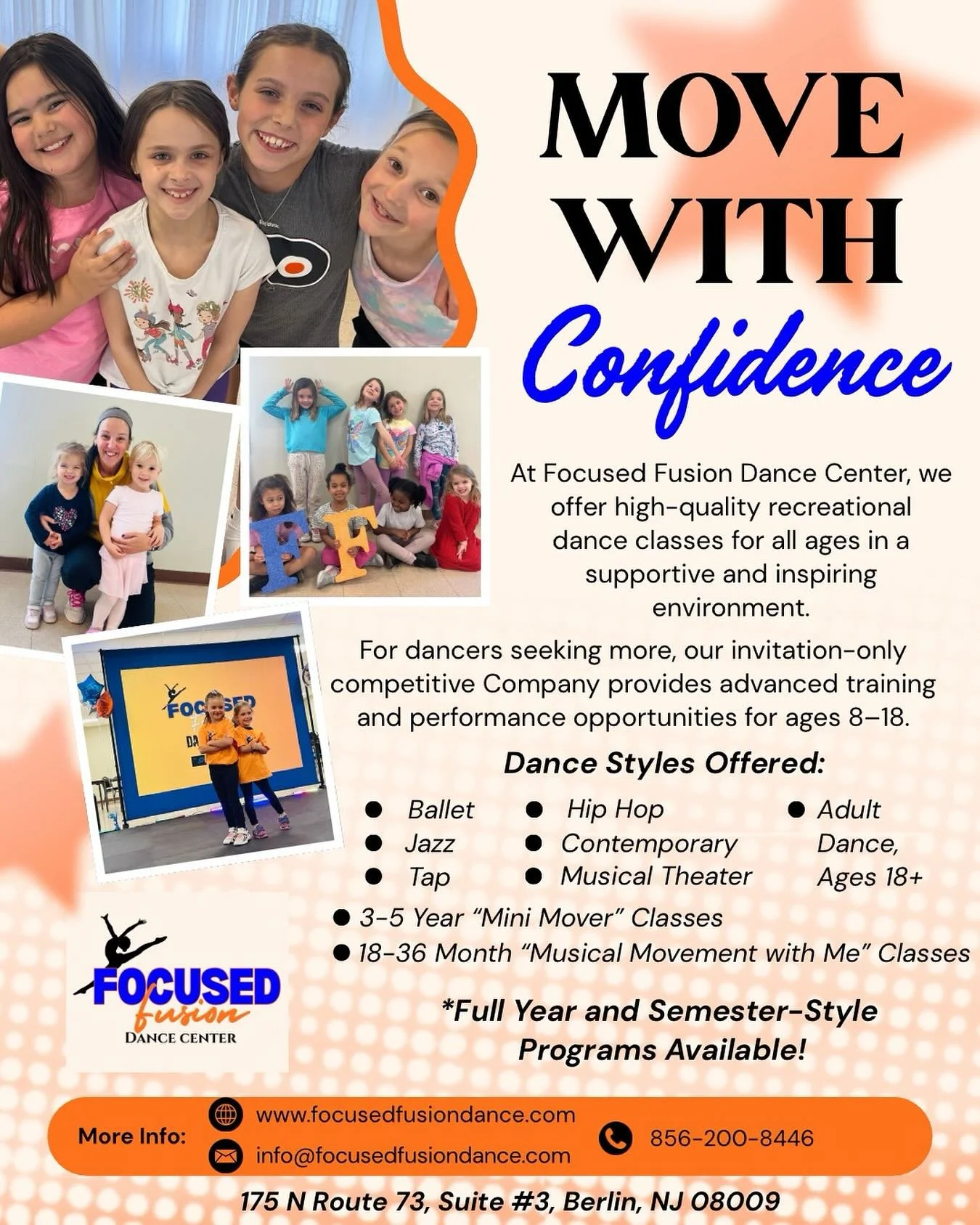 🧡💙Come Dance With Us at Focused Fusion Dance Center!💙🧡

✨Whether your child is ready to take their first twirl🥹 or continue growing their passion for dance💪🏼, we have a class for everyone!

🎭We Offer a Variety of Class Styles, Such As:
🩰Ball