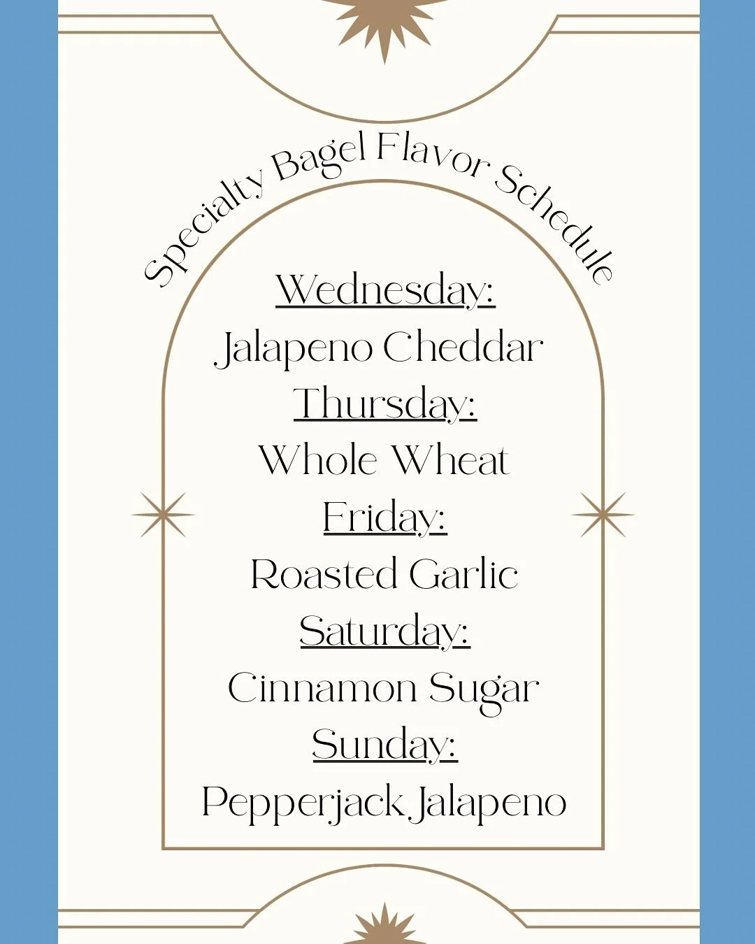 ✨FRESH MENU UPDATE✨

Introducing our rotating list of specialty bagel flavors! 

Last summer we set a goal of having a rotating bagel of the week flavor. We went spicy (dynasty crunch), savory (harvest bagel), sweet (strawberry) seasonal (st&ouml;lle