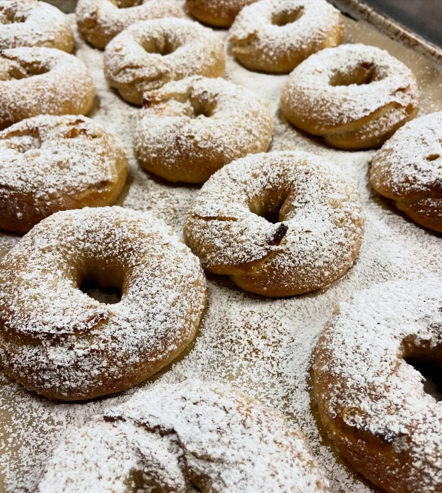 Our specialty bagel today is our Stollen bagel here for just one day a year! 

Candied orange and lemon peel, golden raisins, and warm spices they are topped with a sweet sugar topping reminiscent of traditional stollen.

We are so happy to be here t