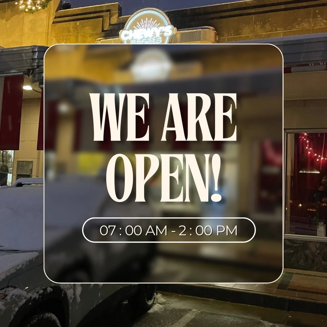 We are back! Plenty of bagels on the wall and hot coffee on the counter for you. Our selection is a little limited due to the weather, be advised!