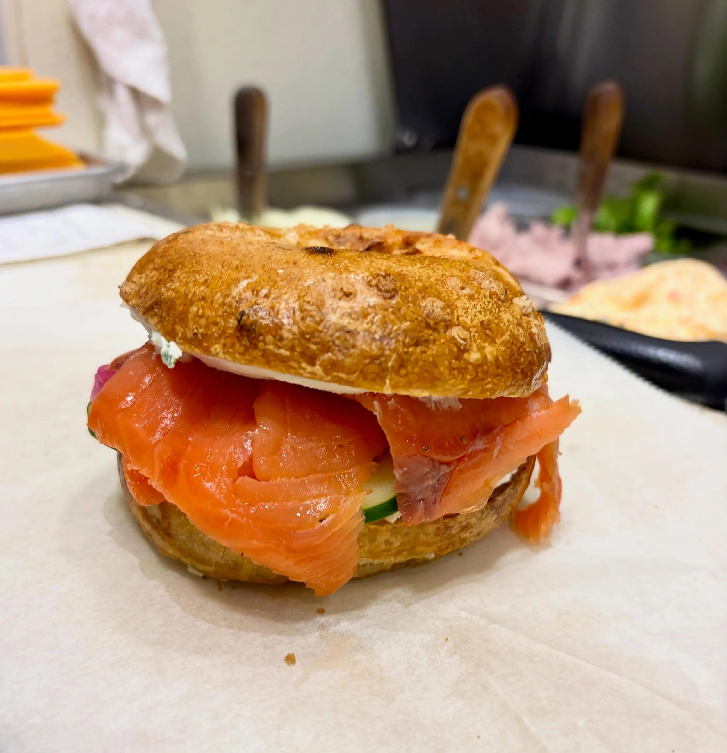 Lox of options for you this morning!

(Toasted plain bagel with scallion cream cheese, pickled onion, cucumbers, lox) 👌